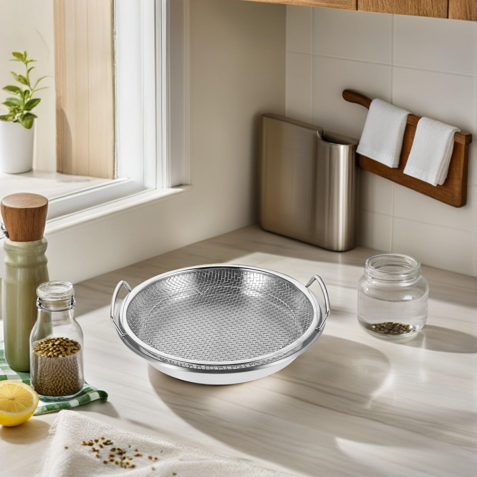 Filtro per Olio in Acciaio Cestello in Rete e Vaschetta di Raccolta, Colino da Cucina per Friggitrice e Preparazione di Alimenti Freschi