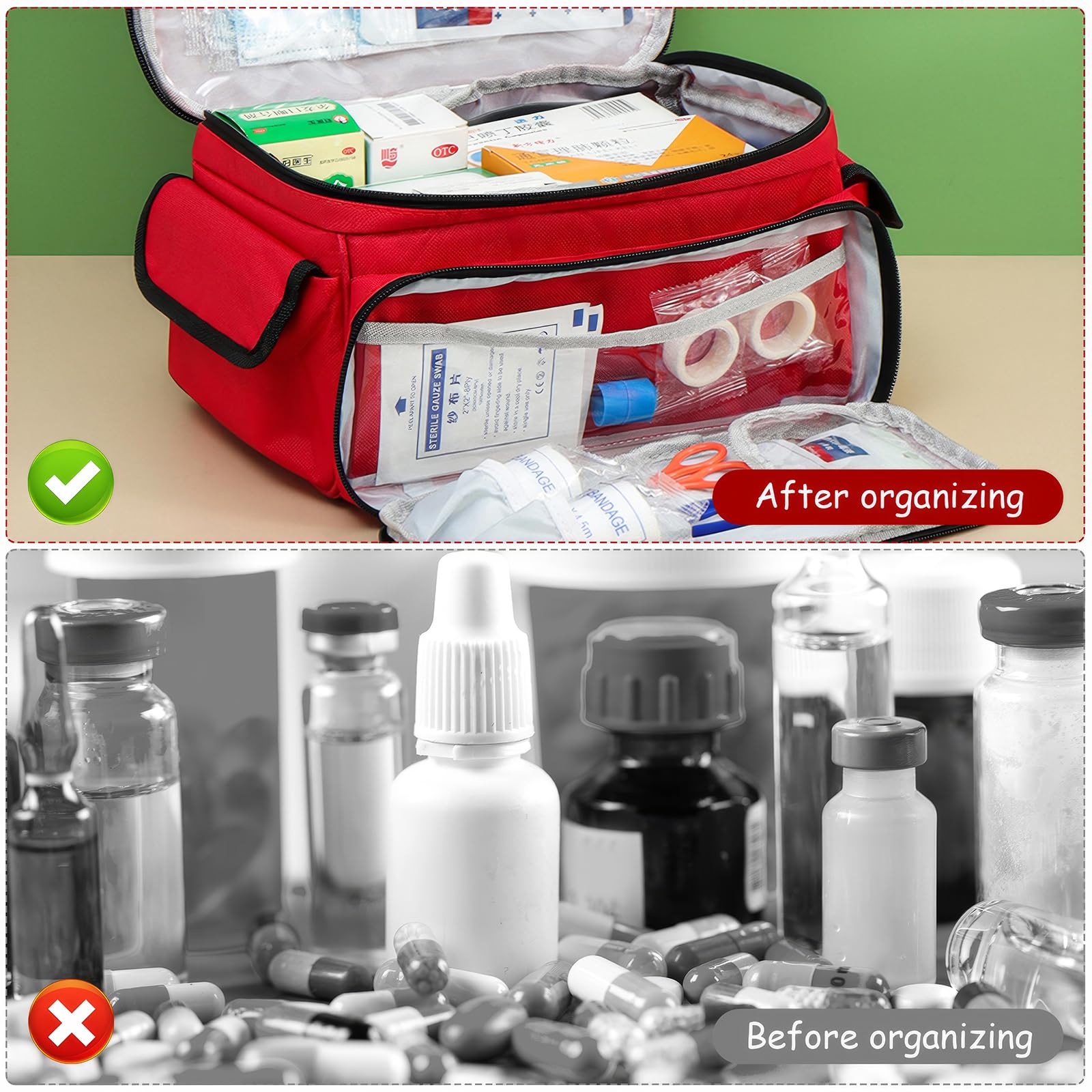 OUZHOU Erste Hilfe Tasche Leer, Erste Hilfe Set Aufbewahrungstasche, Notfalltasche Arzttasche mit Griff, Reiseapotheke Medikamententasche, Hausapotheke First Aid Kit für Zuhause, Büro, Outdoor Rot