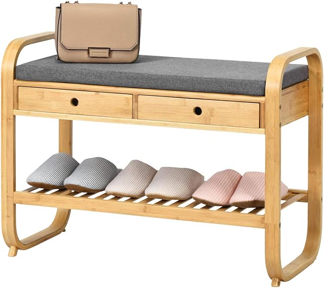 COSTWAY Shoe Storage Bench, 2/3 Tiers Shoes Rack Stool with Cushioned Seat, Home Living Room Bedroom Hallway Entrance Shoe Stand Shelves Organiser Unit (Natural, Bamboo Frame)