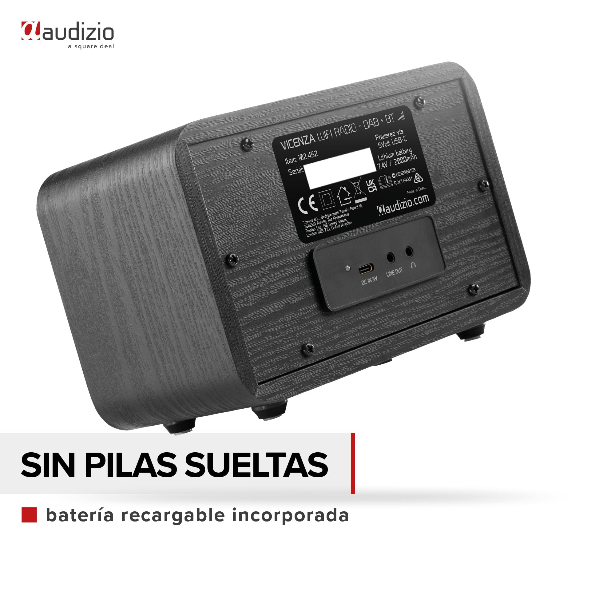 Audizio Vicenza Radio Digital DAB+ FM e Internet Bluetooth 5.0, Batería Recargable, Pantalla a Color, Negro WiFi