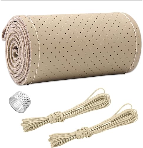 Funda de cuero genuino para volante, protector transpirable antideslizante para volante de automóvil de diámetro máximo de 15 pulgadas, costura DIY