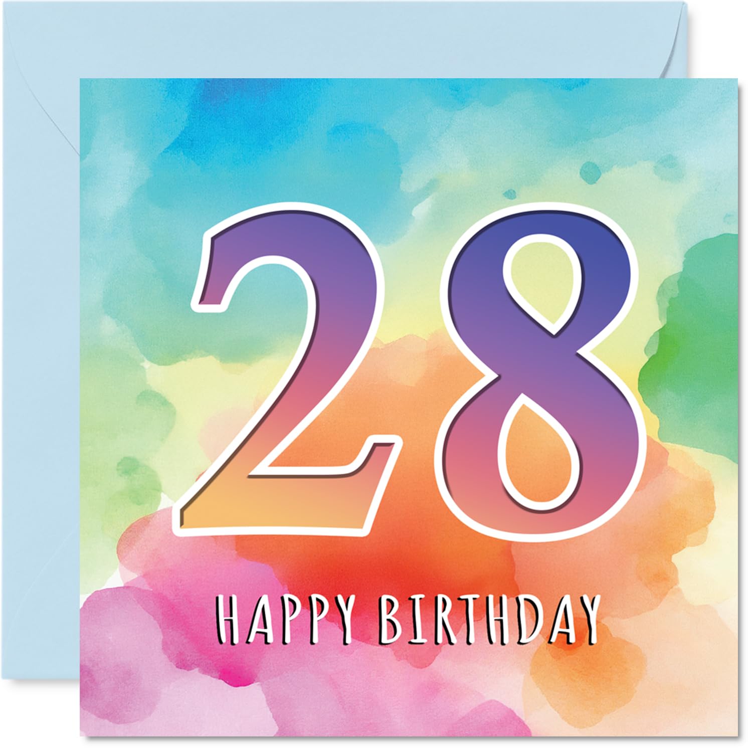 28th Birthday Cards for Men Women - Colourful Watercolour Age - Happy Birthday Card for 28 Year Old Man Woman Daughter Sister Uncle Niece, 145mm Bday Greeting Cards