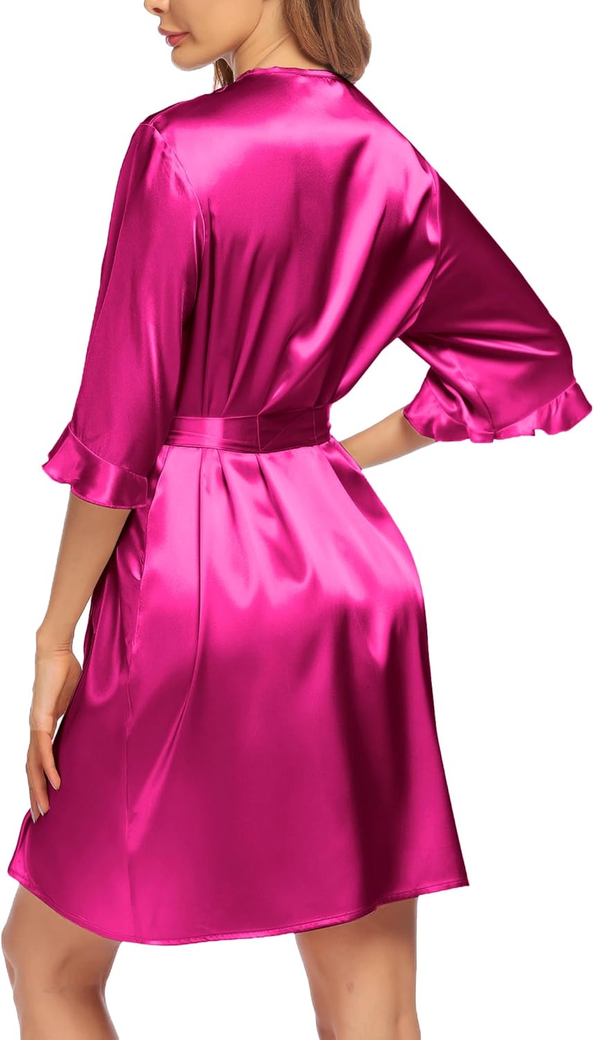Ekouaer Women's Satin Robe Valentines Lingerie for Women Kimono Bathrobe Short Ruffle Belted Robes Bridesmaids Sleepwear - Image 3
