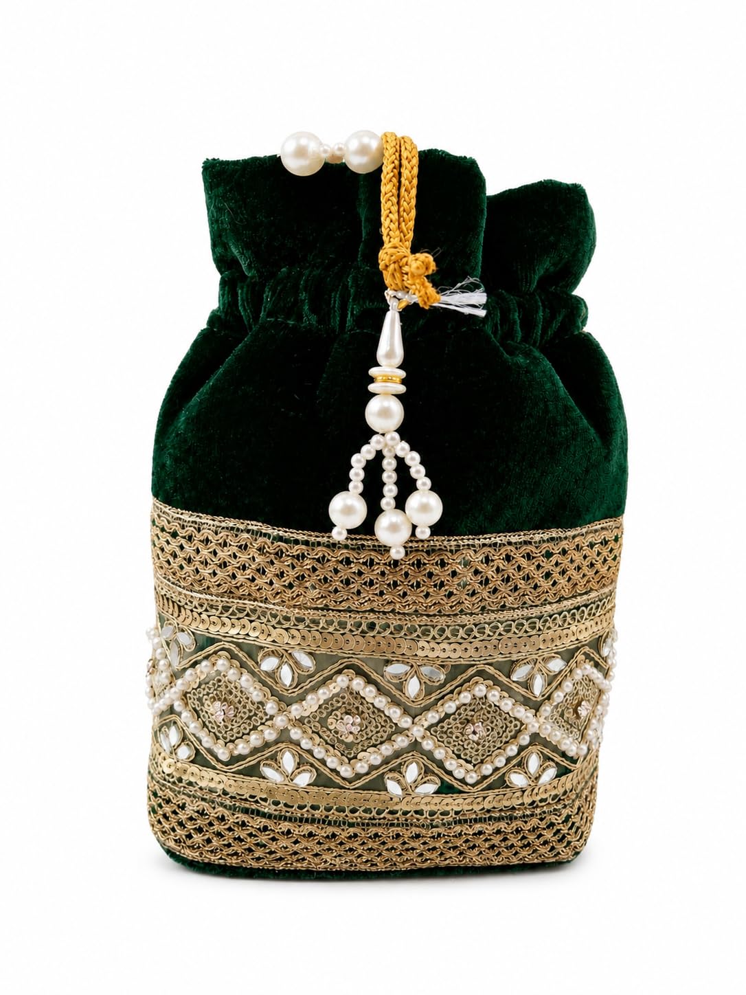 Green Velvet Hand Bag for Women, Hand-Embroidered with Mirror Work and Pearl Beading, Drawstring Closure, Wedding Clutch-image-17