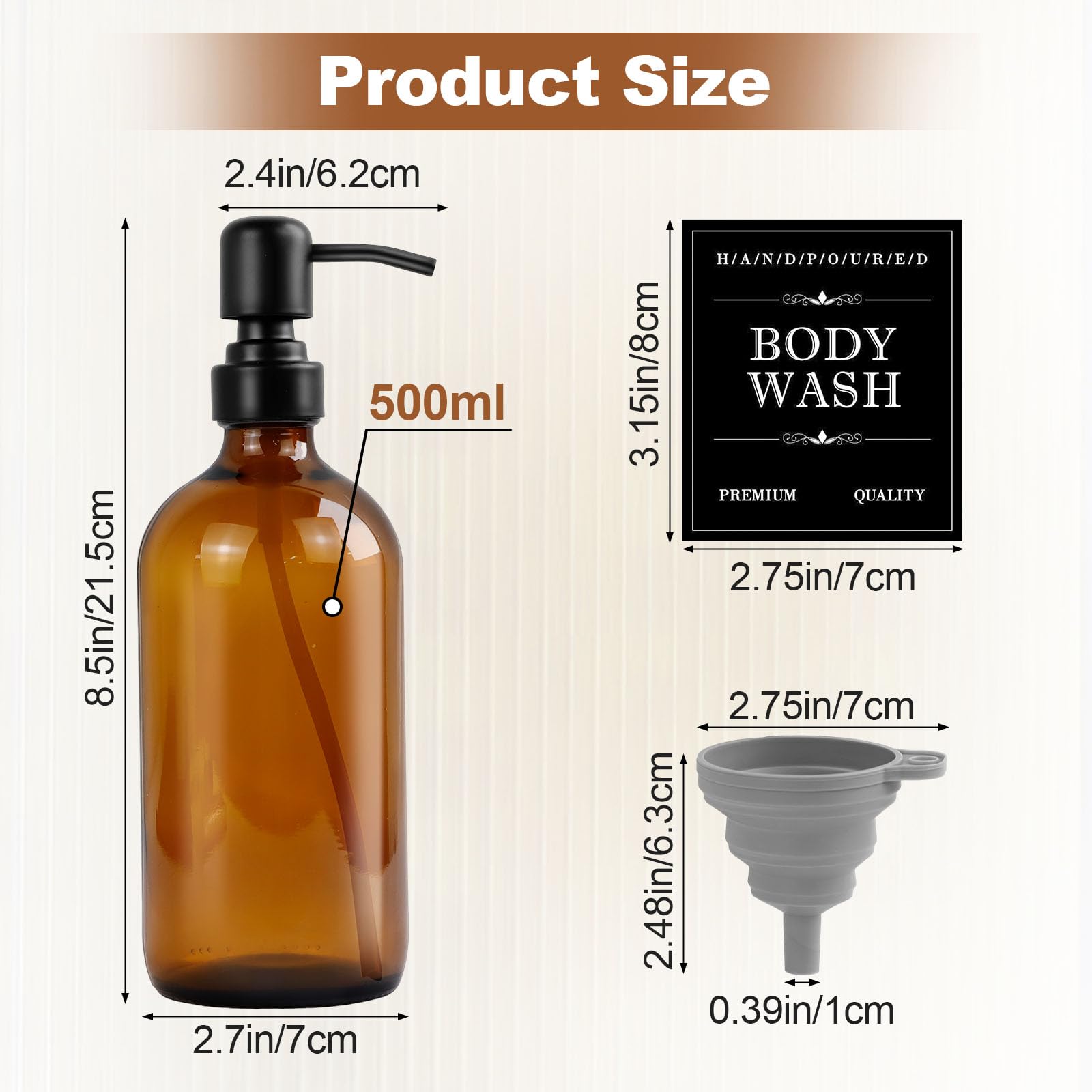 Zestaw 2 dozowników do mydła ze szkła, 500 ml dozownik do mydła brązowy z pompką ze stali nierdzewnej 304, Dozownik z pompką do nadpęczniania z 12 wodoodpornymi etykietami i lejkiem do wanny