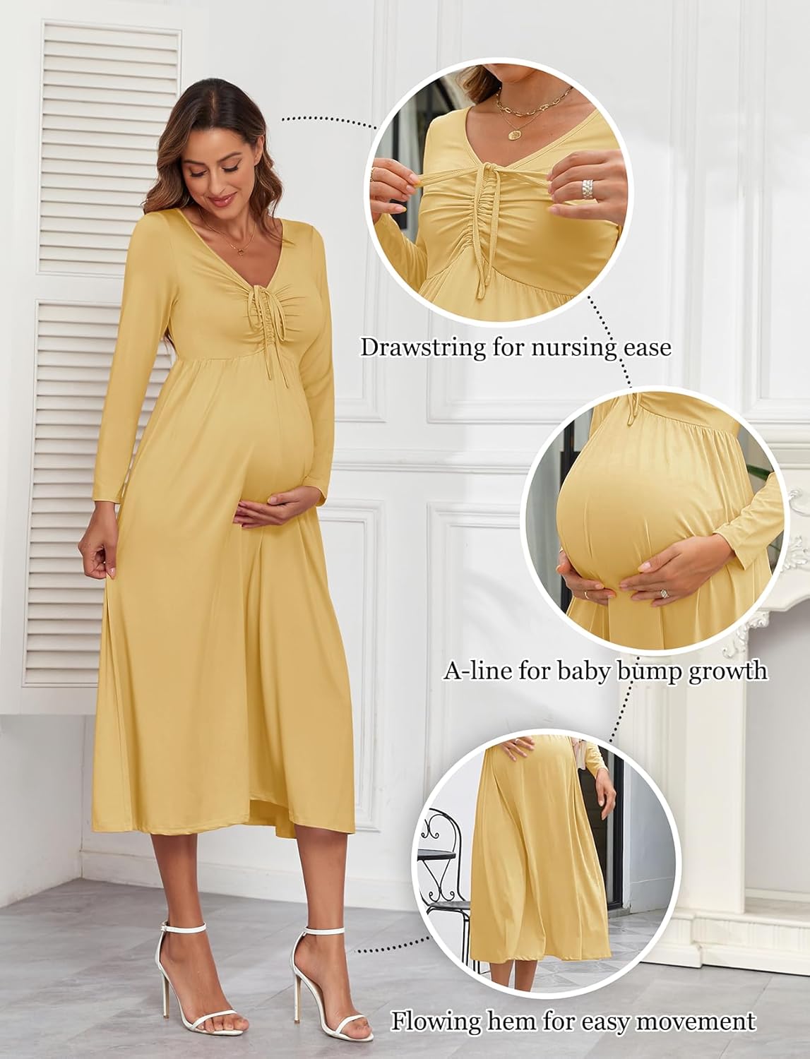 Maternity Tie Front Dress A Line Long Sleeve V Neck Flowy Pregnancy Maxi Dresses for Baby Shower Casual 2025 Fall - Image 4