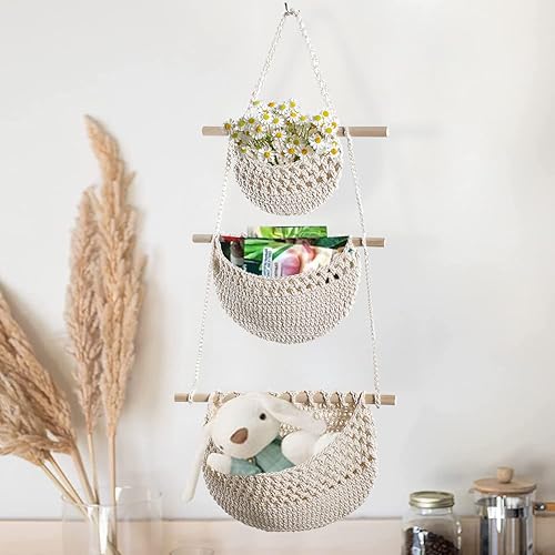Miniatura 5 de Cestas de frutas colgantes hechas a mano, cesta de frutas de 3 niveles, cesta colgante tejida de cuerda de algodón, organizador de pared bohemio