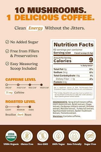 Miniatura 9 de ShroomDNA - Café orgánico de hongos con melena de león y hongos chaga, café instantáneo orgánico. Enfoque instantáneo + claridad todo el día.