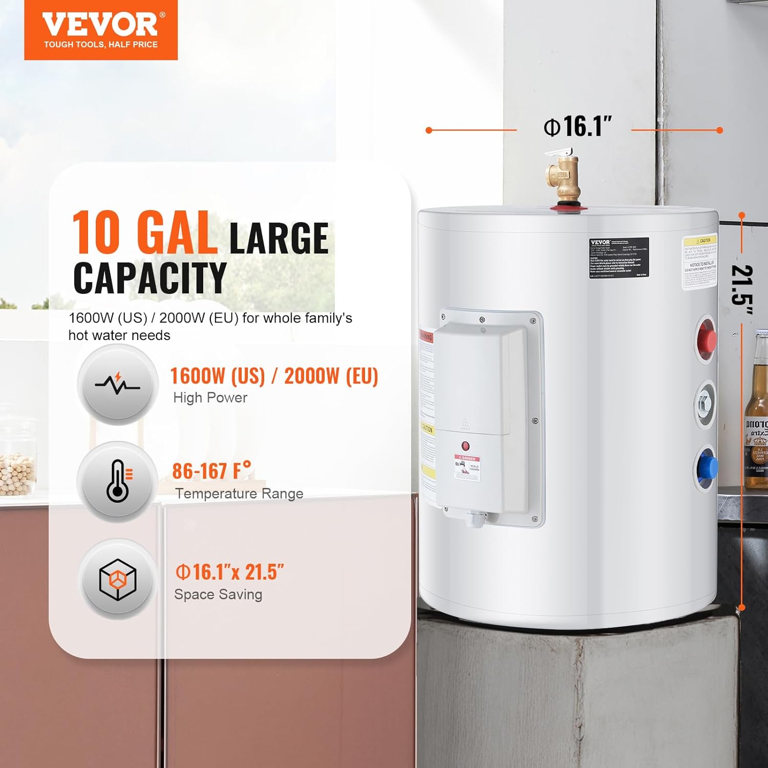VEVOR 10 Gallon Electric Water Heater, Hot Water Heater 1600W, w/LED Display, Knob Control, IPX4 Waterproof, Side Connection On-Demand Heaters for Shower, Bath