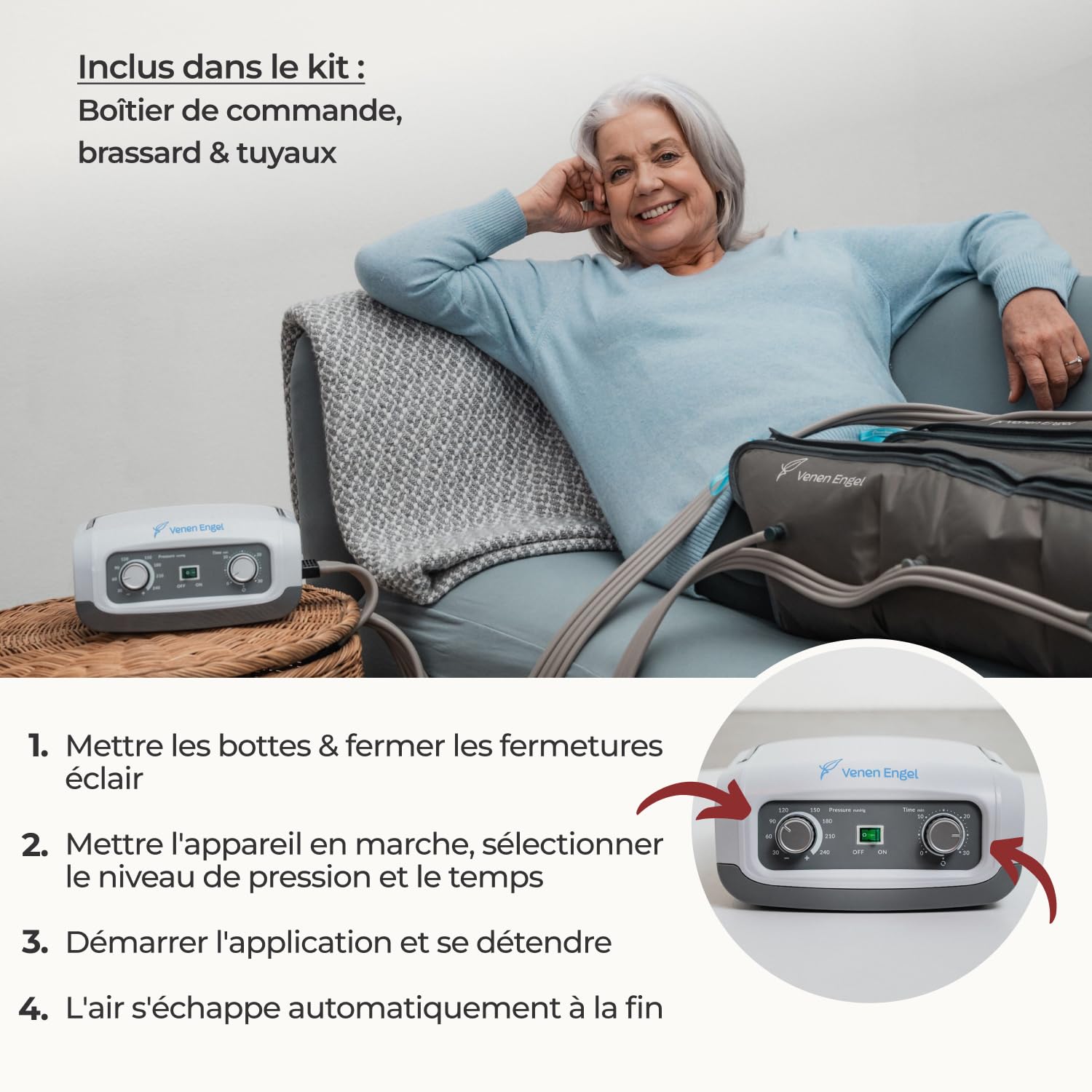 Vein Angel ® 4 appareil de massage par glissement avec bottes, 4 coussins d'air, durée & pression réglables facilement