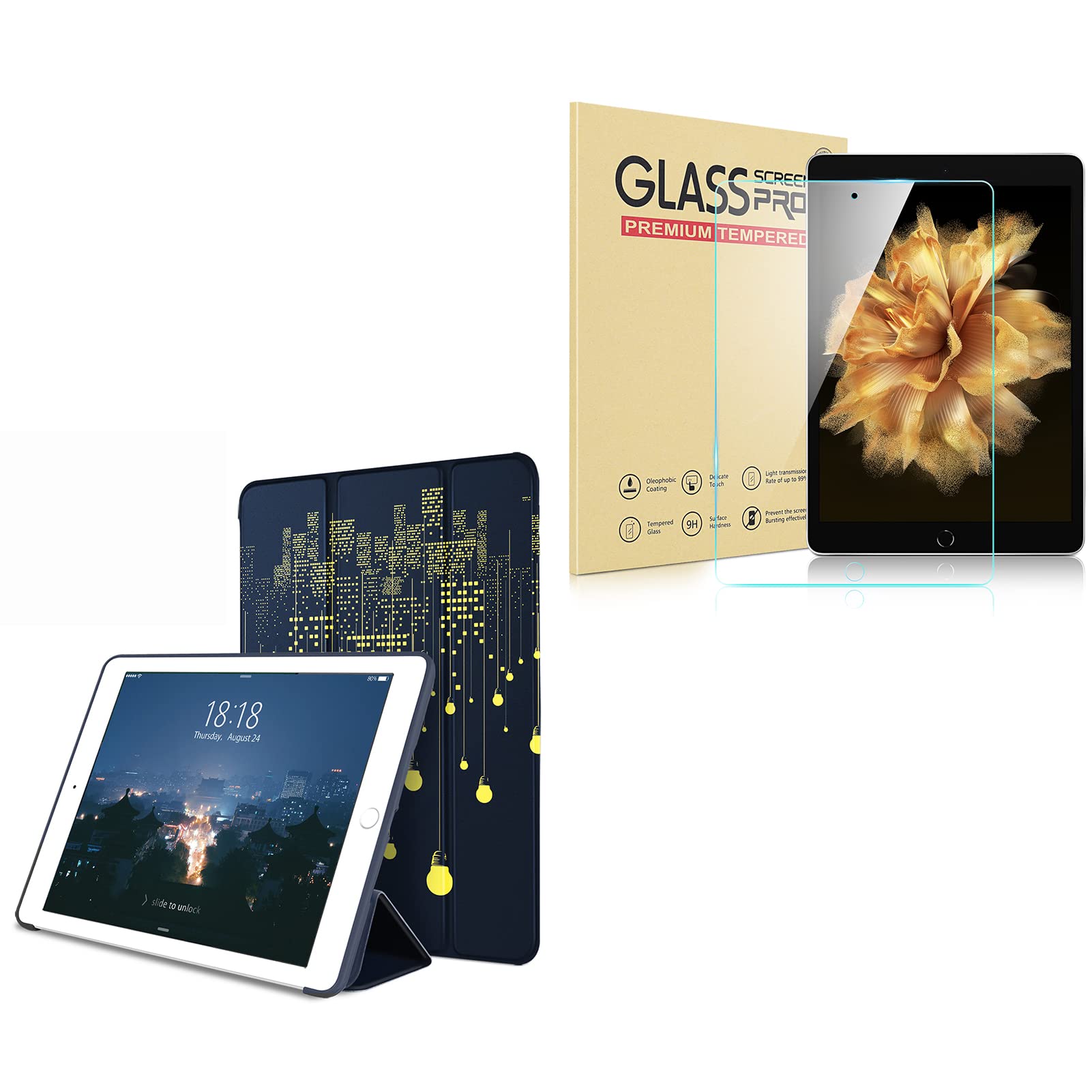 DTTOiPad Air 1st Edition Case, (NOT for iPad Air 2 and Air 3) Ultra Slim Lightweight Soft TPU Back Smart Trifold Stand Cover with 1 Pack HD Clear Tempered Glass Screen Protector, City Lights