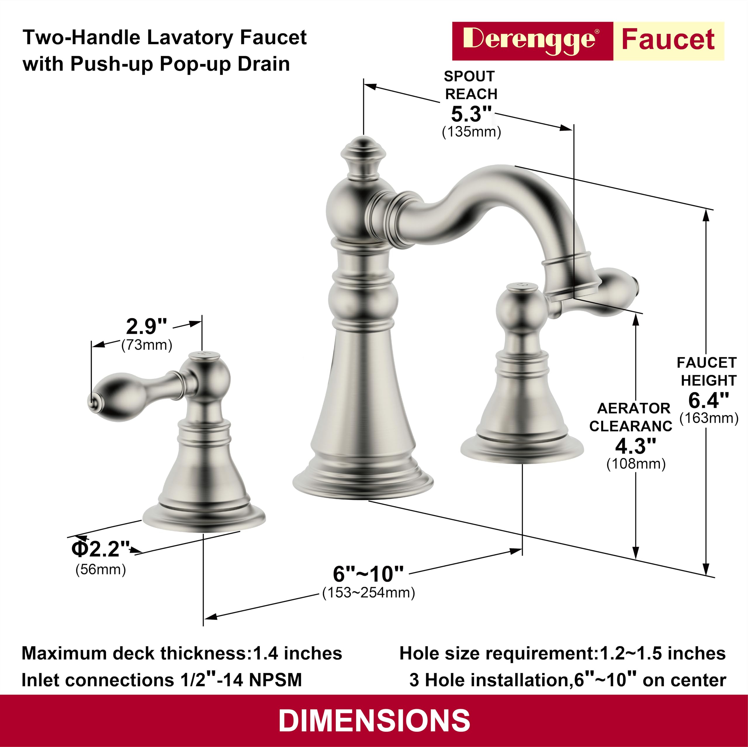 Derengge F-8805-BG Waschbeckenarmatur In Gebürstetem Gold – Stylischer 2-Griff-Wasserhahn Mit Pop-Up-Ablauf Fürs Bad