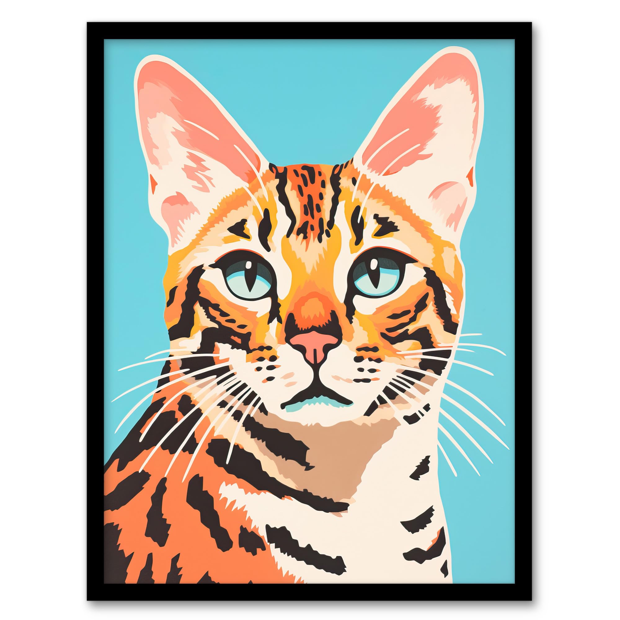 Artery8 Bengal Cat Bold Vibrant Flat Style Screen Print Risograph Artwork Spot Block Colour Duotone Retro Riso Interior Design Artwork Framed Wall Art Print A4