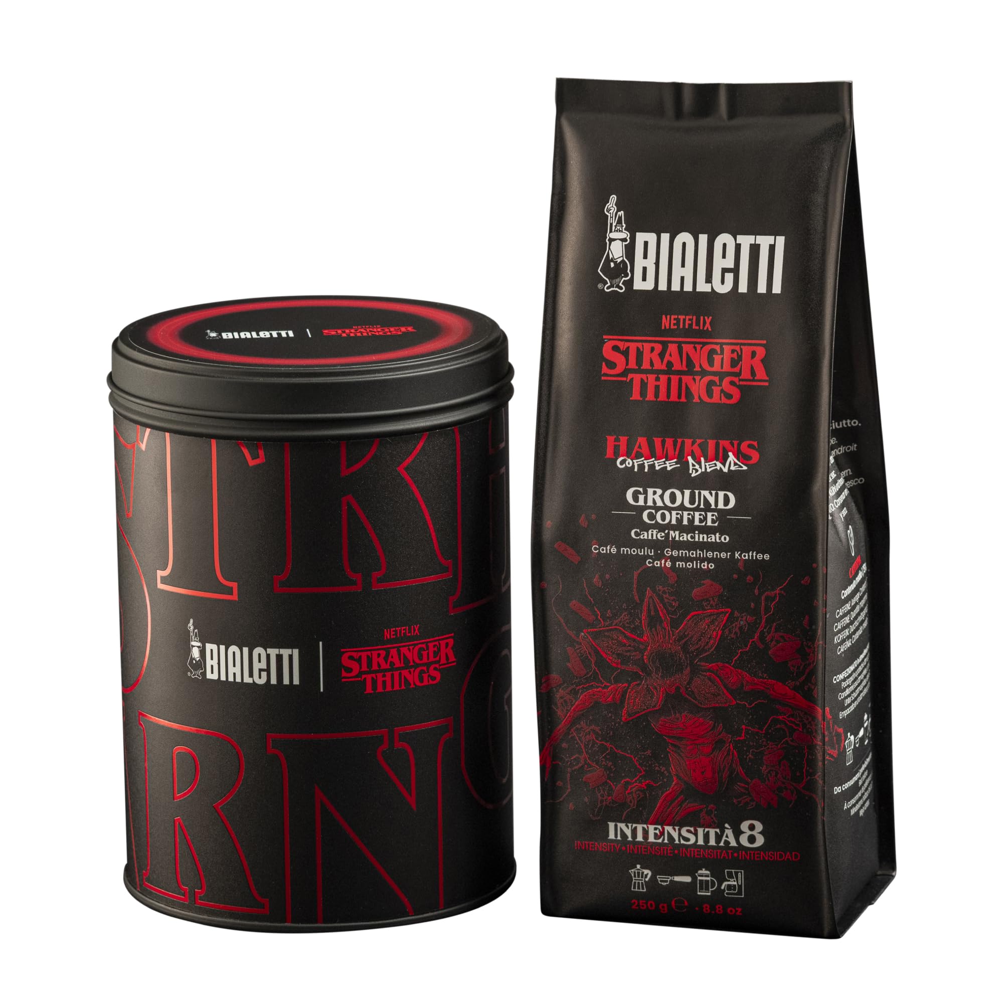 Bialetti Stranger Things Kaffee gemahlen – 250 g Dose + Beutel, Mischung Hawkins 50% Arabica 50% Robusta, Sammlerdose mit Serien-Design