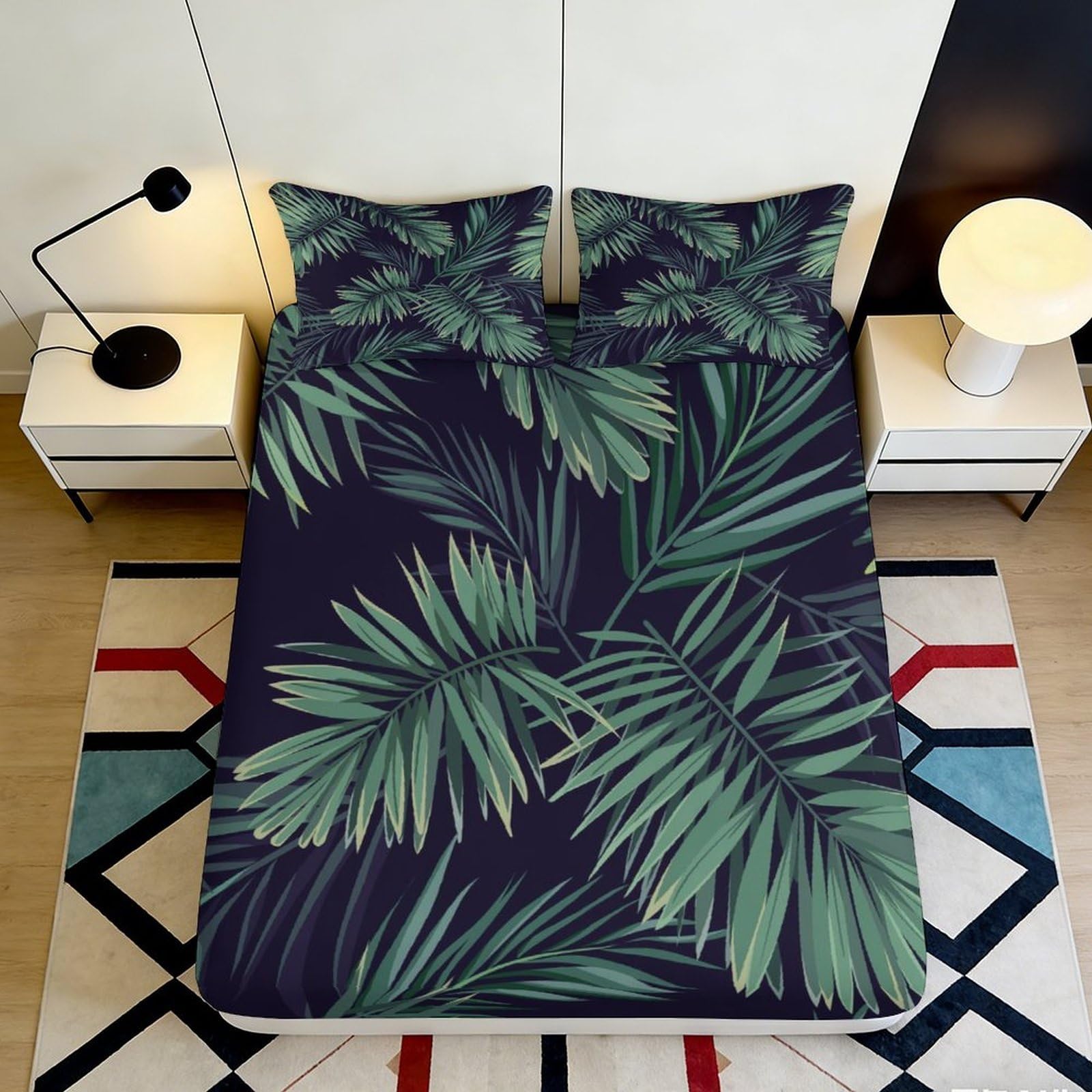 3D Printed Tropical Leaf Fitted Sheet Microfiber Soft Breathable Palm Pattern Bed Cover for Bedroom Dormitory Guest Room Mattress Protection 160x200x25cm