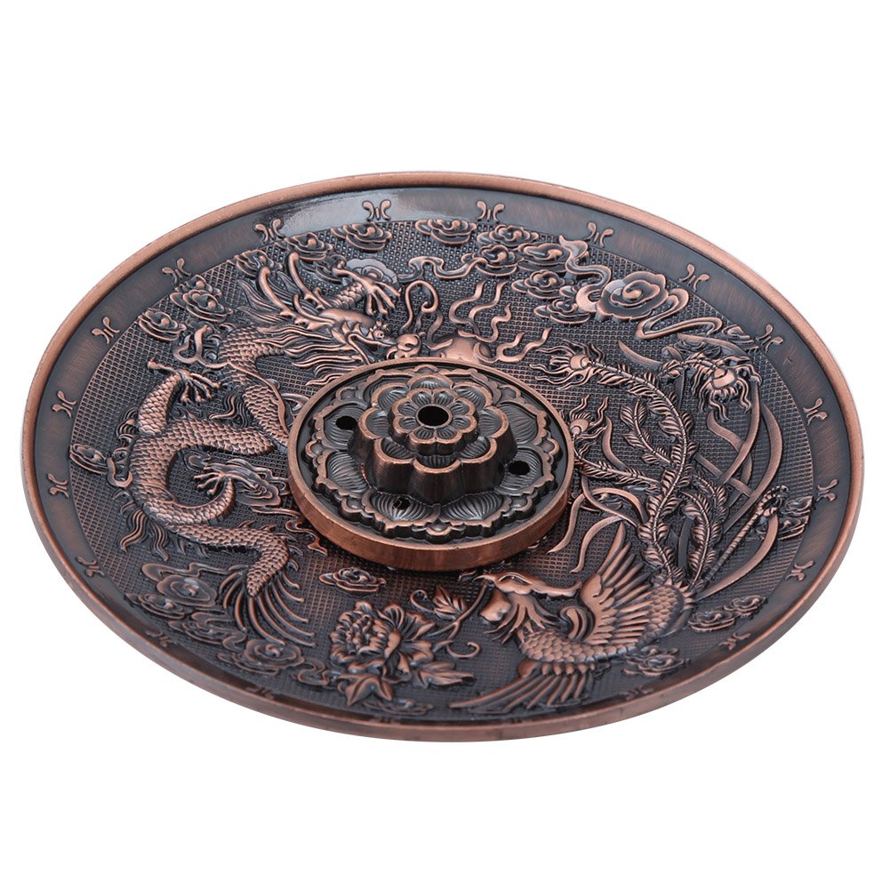Pssopp Red Bronze Zinc Alloy Incense Stick Burner Holder Chinese Dragon Pattern Censer Plate Buddhism Censer Incense Plate For Bedroom,Temple, Office (Red Bronze)