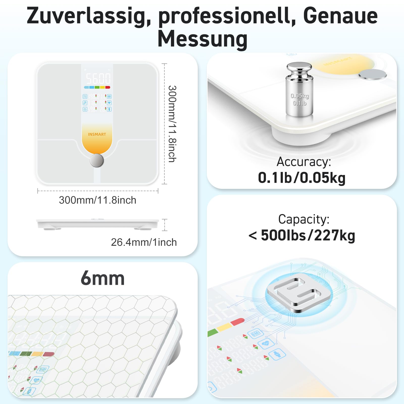 INSMART Inteligentna waga z dużym wyświetlaczem, waga 227 kg/500 lb z aplikacją/Bluetooth/czujnikiem pełnej powierzchni, waga osobowa analizuje 18 danych pomiarowych, BMI, wagę, tkankę tłuszczową