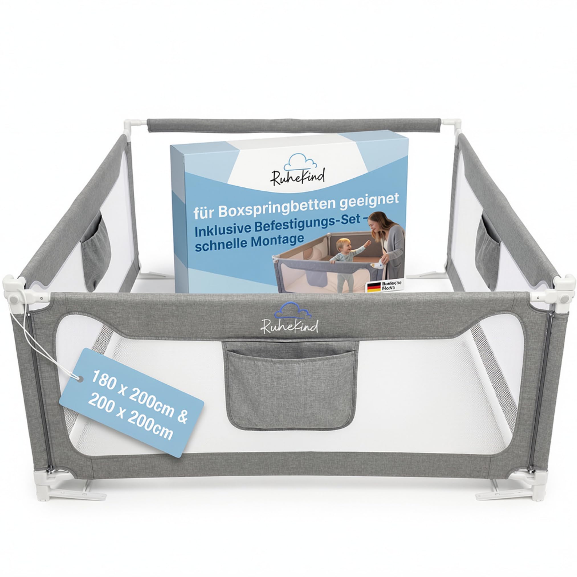 Rausfallschutz Boxspringbett & Bettgitter Rausfallschutz – Bettschutzgitter Set inkl. Befestigungsmöglichkeiten - zertifizierte Sicherheit für Kinder, passend für Boxspringbetten (3er Set 200x200cm)