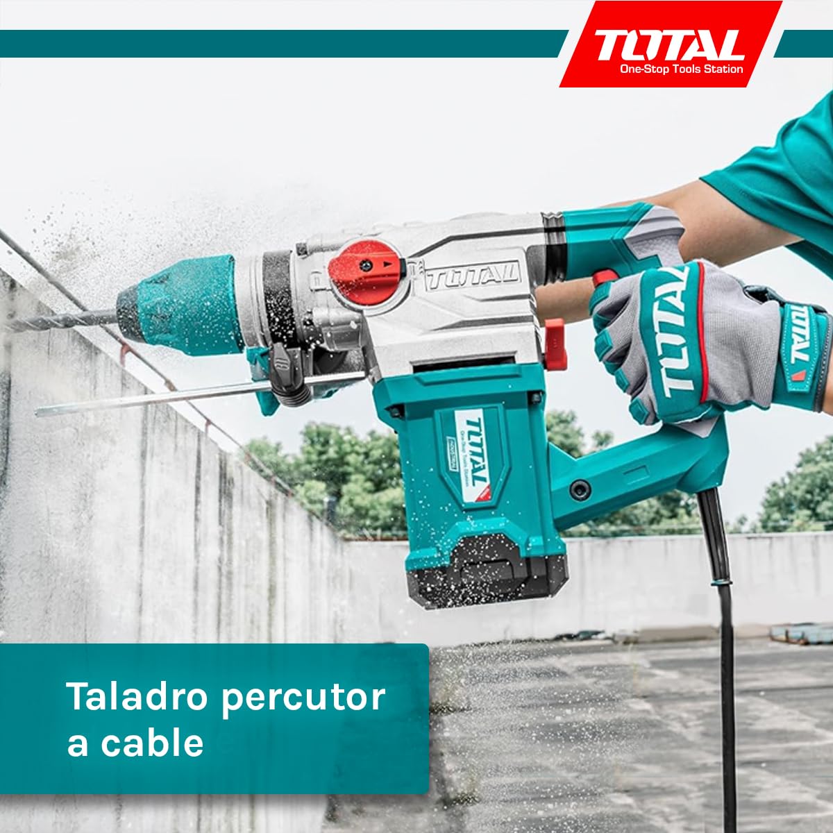 TOTAL - Martillo Combinado de Cable con Potencia de 1500 W - Taladro, Percusión y Picado - Velocidad de 850 rpm - Con 3 Brocas, 2 Cinceles y Escobillas