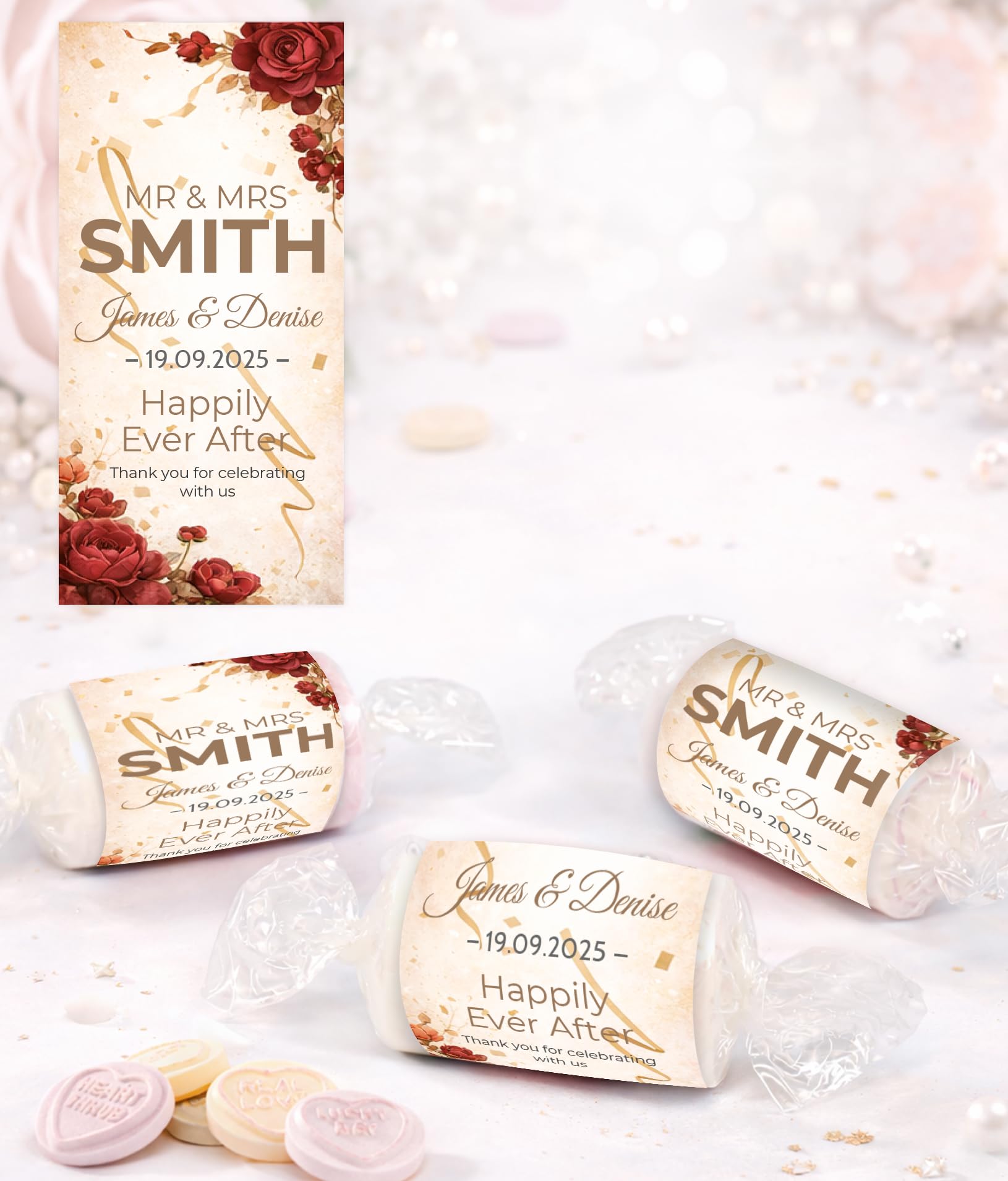 Personalised Wedding Favours Love Hearts Sweets, Happily Ever After Design, Custom Wrapped Mini Sweets, Mr & Mrs Wedding Favours UK (Burgundy)