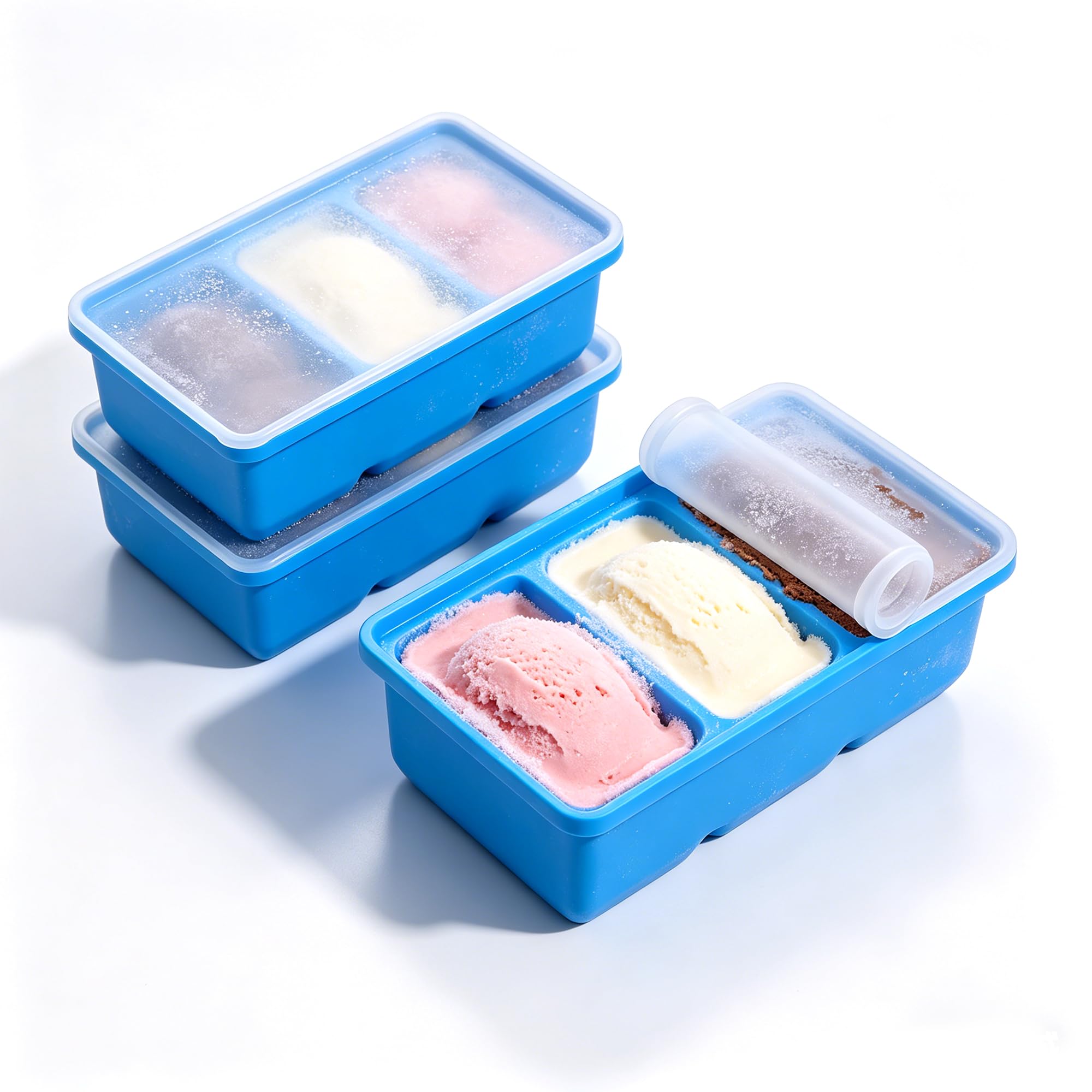 Soqurnpy 3 Pack Silicone Soup Freezer Moulds with Lid, Large Ice Tray Reusable Food-Large Ice Containers Silicone, Easy Release Souper Tray for Meal Prep, Batch Cooking-3 Blue