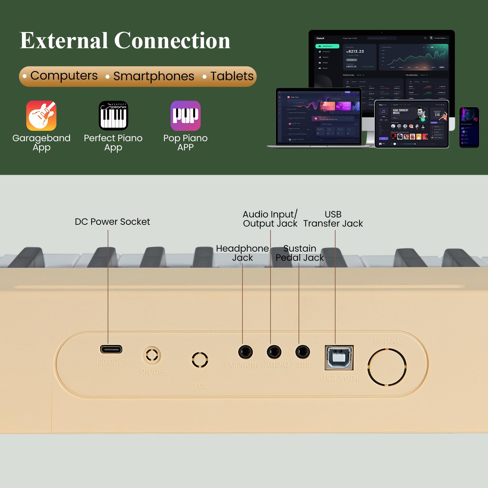 KOMFOTTEU Piano Digital de 88 Teclas, Teclado de Piano con 380 Sonidos, 128 Ritmos, 88 Demos, MIDI, Pedal de Sostenido, Piano Eléctrico Portátil con Soporte para Música, Bolsa de Transporte (Marrón)