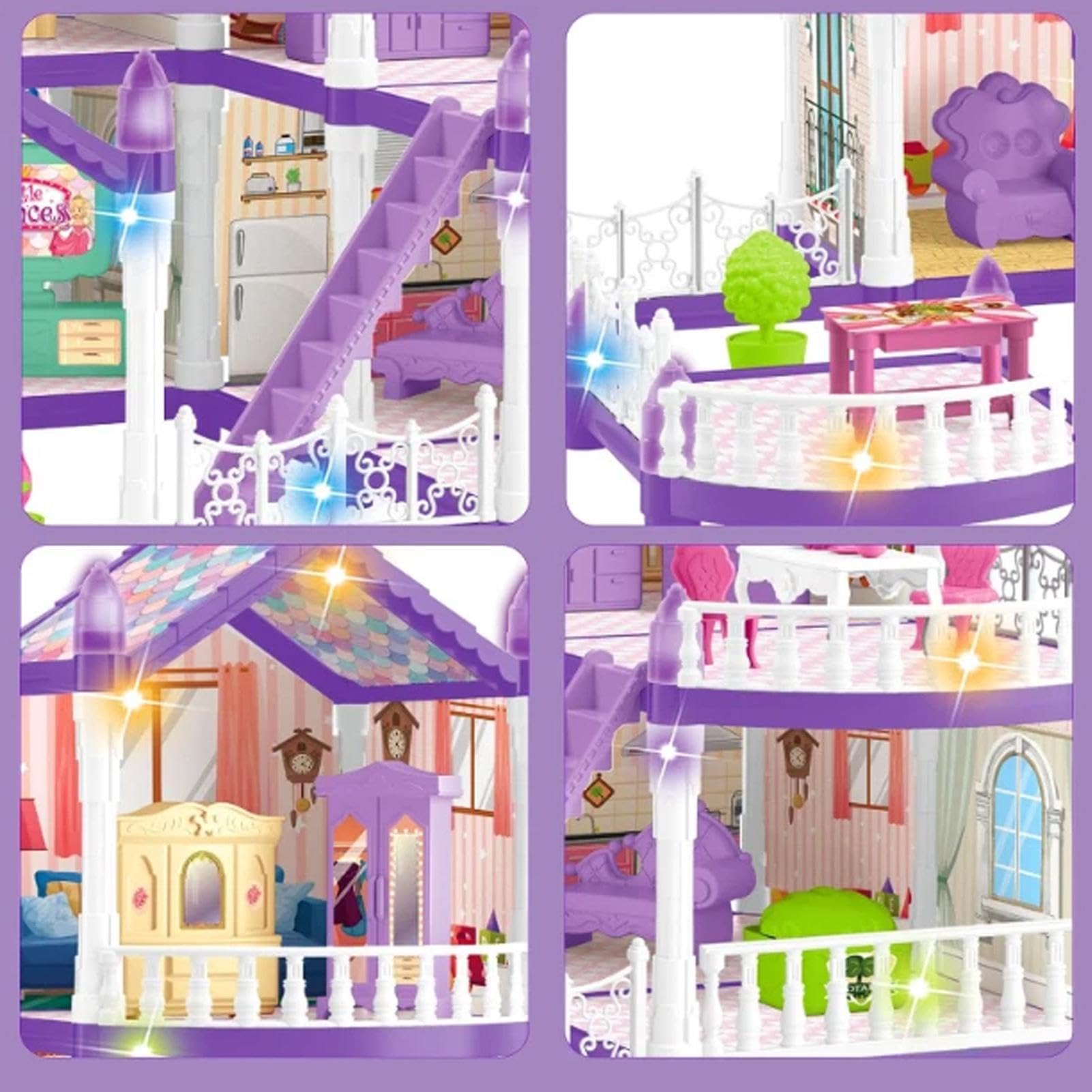 Domek dla Lalek 4-piętrowa miniaturowa willa z 13 pokojami do montażu | 3 Księżniczki, 2 Szczeniaki, Meble i Akcesoria Zestaw Domku do Zabawy Dla Dziewczynek 4-6 Lat Do Zabawy w Role