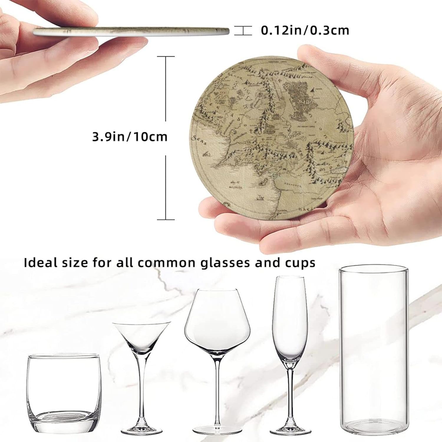 SEPTYK Middle Earth Map Pattern Coasters for Drinks with Holder Set of 6 Leather Round 4" for Home Kitchen Decor Coffee Cup Housewarming - Image 4