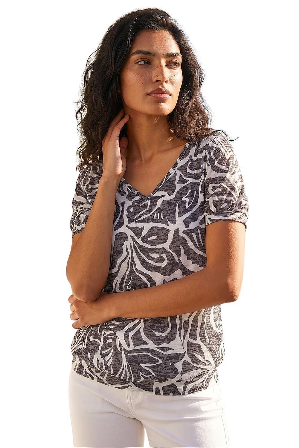 Roman Originals Women's Floral Black Roman Blouson Top For Bubble Hem Stretchy Jersey Puff Sleeve Summer Smart Casual Office Work Spring Everyday Evening Vacation Work Holiday V Neck - Size 18