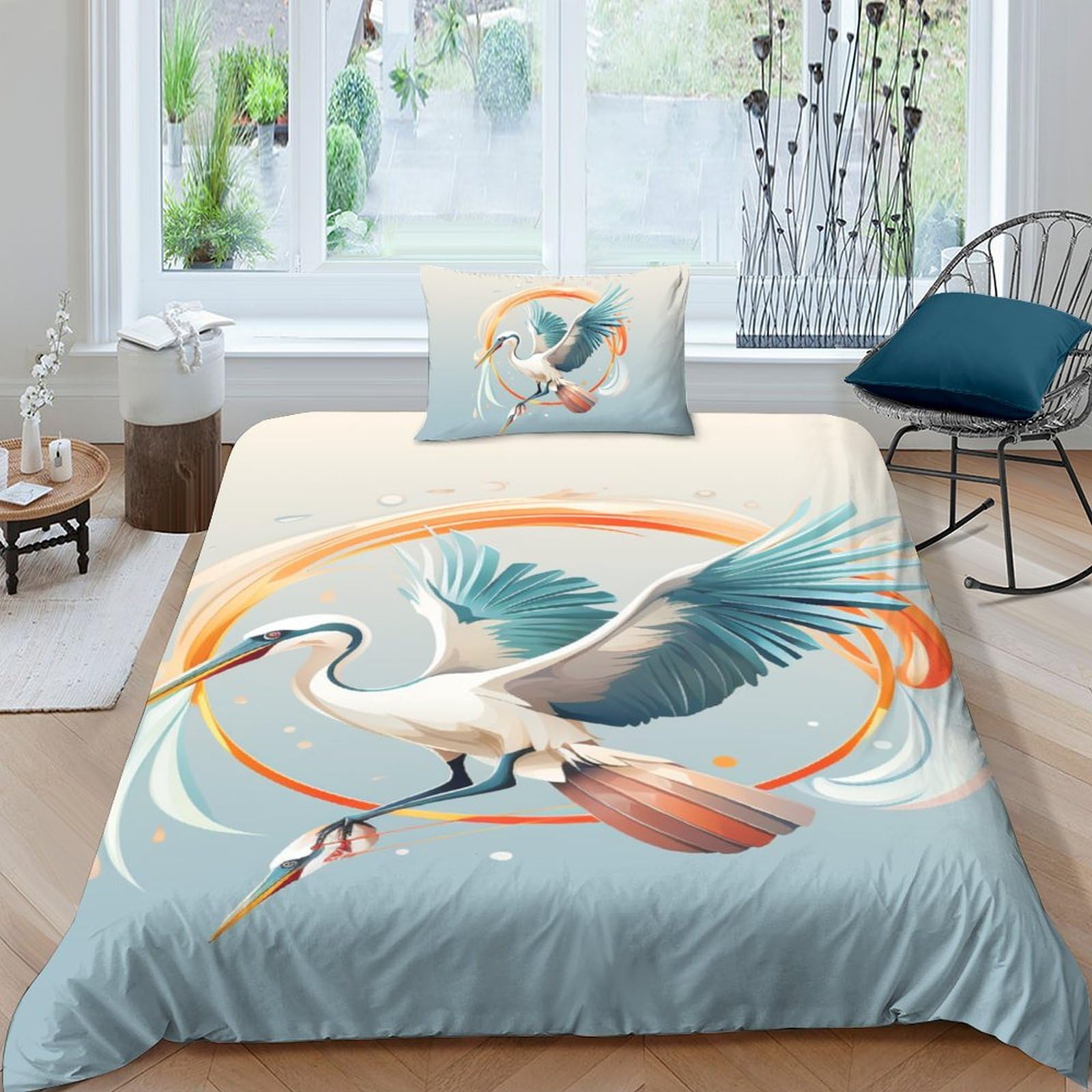 Parure de lit microfibre super douce motif cigogne 3D, linge de lit 3 pièces haute finition