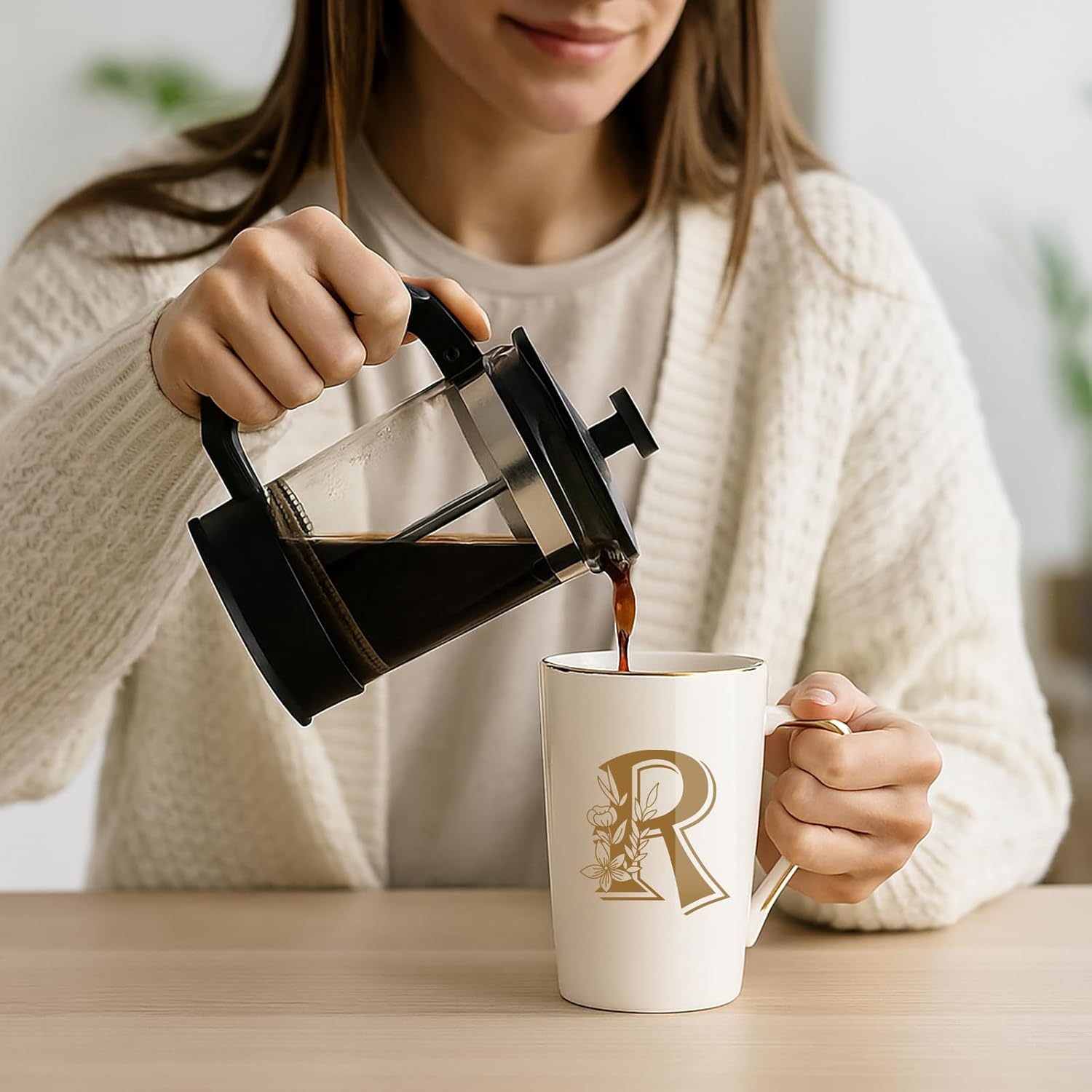 Letter R Personalized Initial Mugs with Flower, Letter R Personalized Coffee Mug, Customized Cool Letter Mugs for Women, Bridal Shower Gifts, Women's Initials Gifts Mug 14 OZ Matte White - Image 2