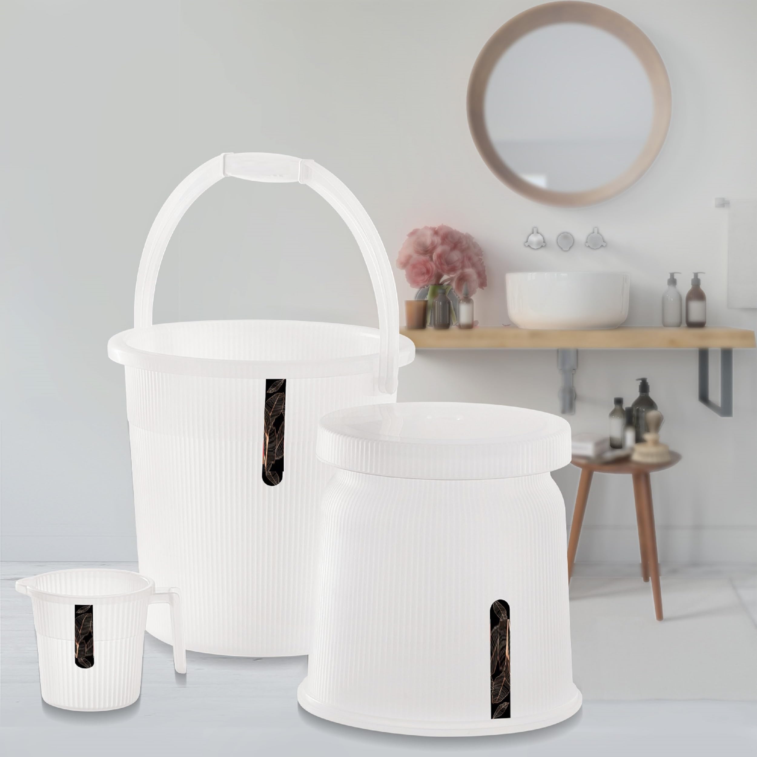 Nabhya Newton Combo of 3 pcs Bathroom Accessories Set Plastic Bathroom Set with 20Ltr Plastic Bucket, Small Mug and Big Stool for Home, Kitchen & Bathroom (Transparent)
