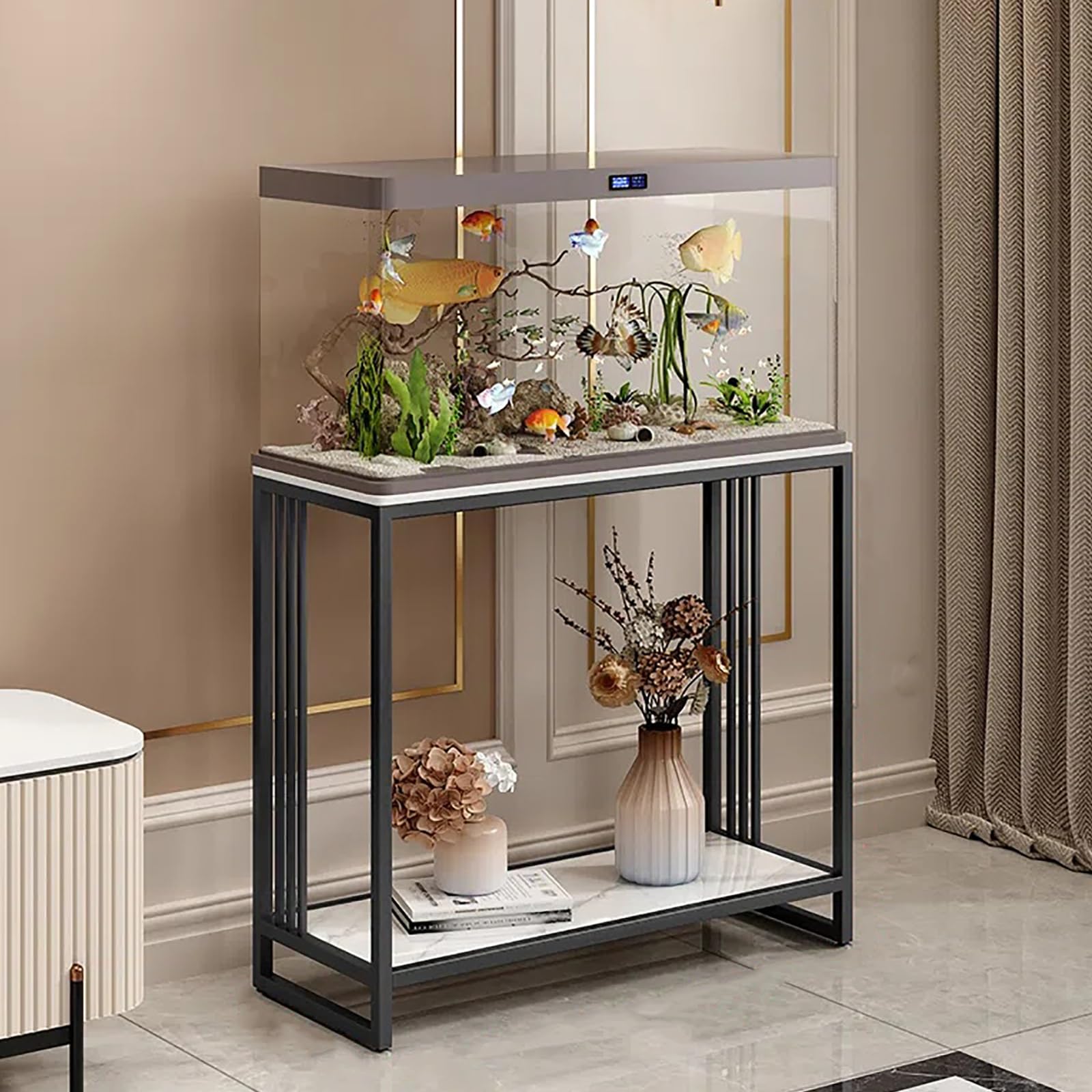 Supporto per acquario con ripiano portaoggetti, tavolo in metallo resistente per accessori per acquari e recinti per rettili