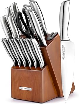 Zulay Kitchen - 15 Piece Stainless Steel Knife Set with Block and Sharpener - Thumbnail 2