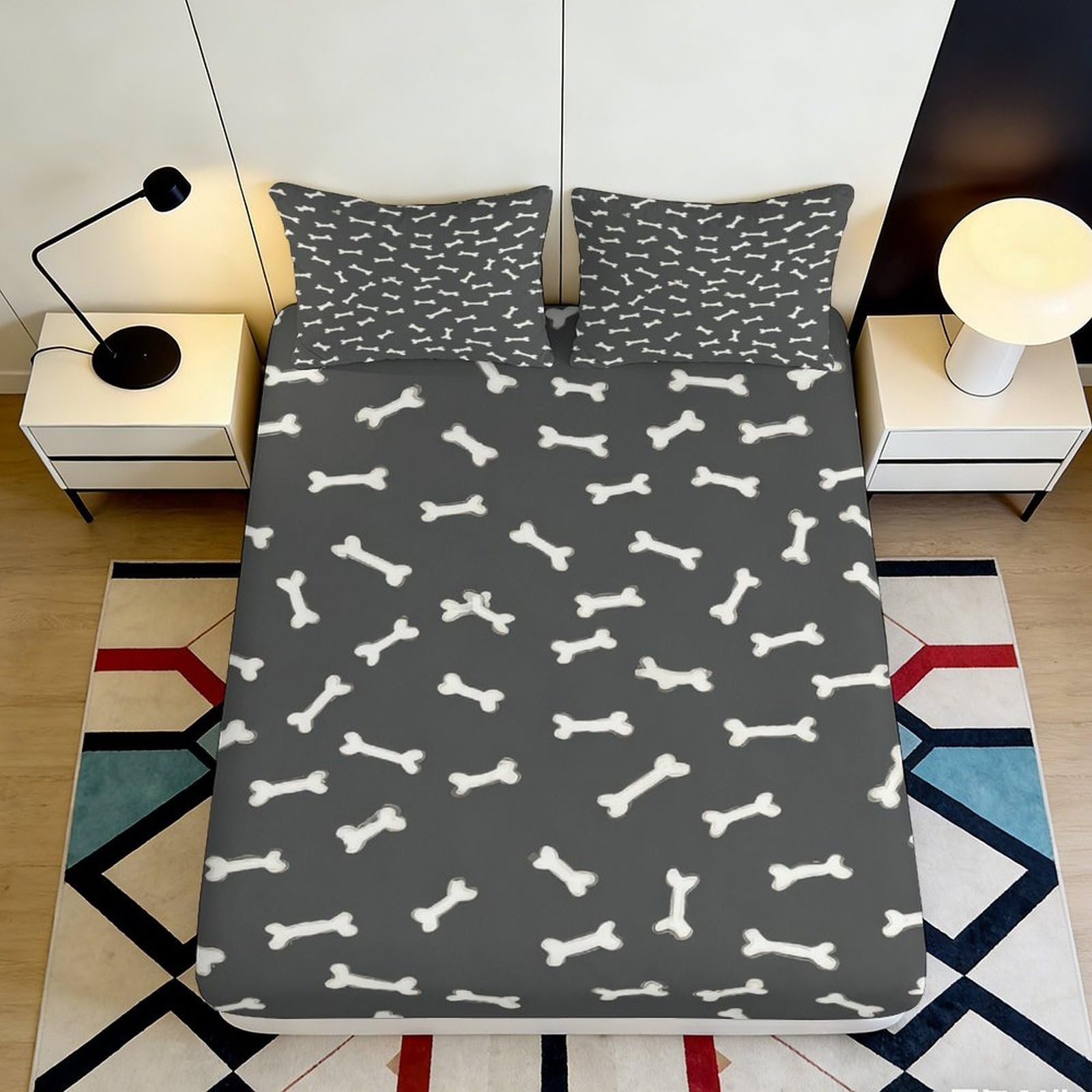 3D Printed Dog Bone Fitted Sheet Microfiber Deep Pocket Bedroom Bedding Dog Bone Mattress Fitted Cover Non-Slip Full Wrap for Adults Youth 180x200x25cm