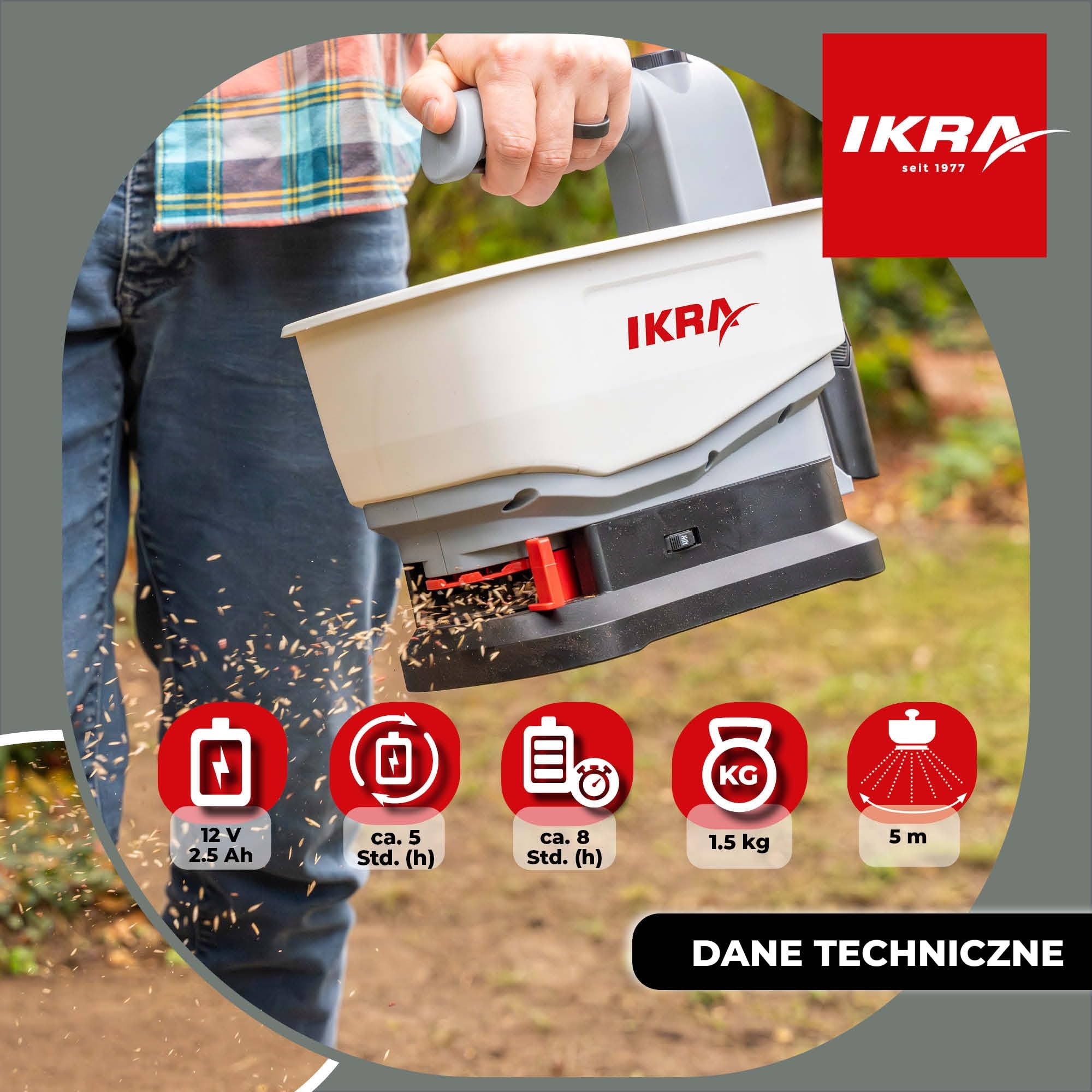 IKRA Uniwersalny rozsiewacz IAST 12, zasięg 5 m, akumulator i ładowarka | Na każdą porę roku: Efektywne rozsiewanie nawozu, soli, nasion i karmy, kompatybilny z akumulatorami IKRA 12V