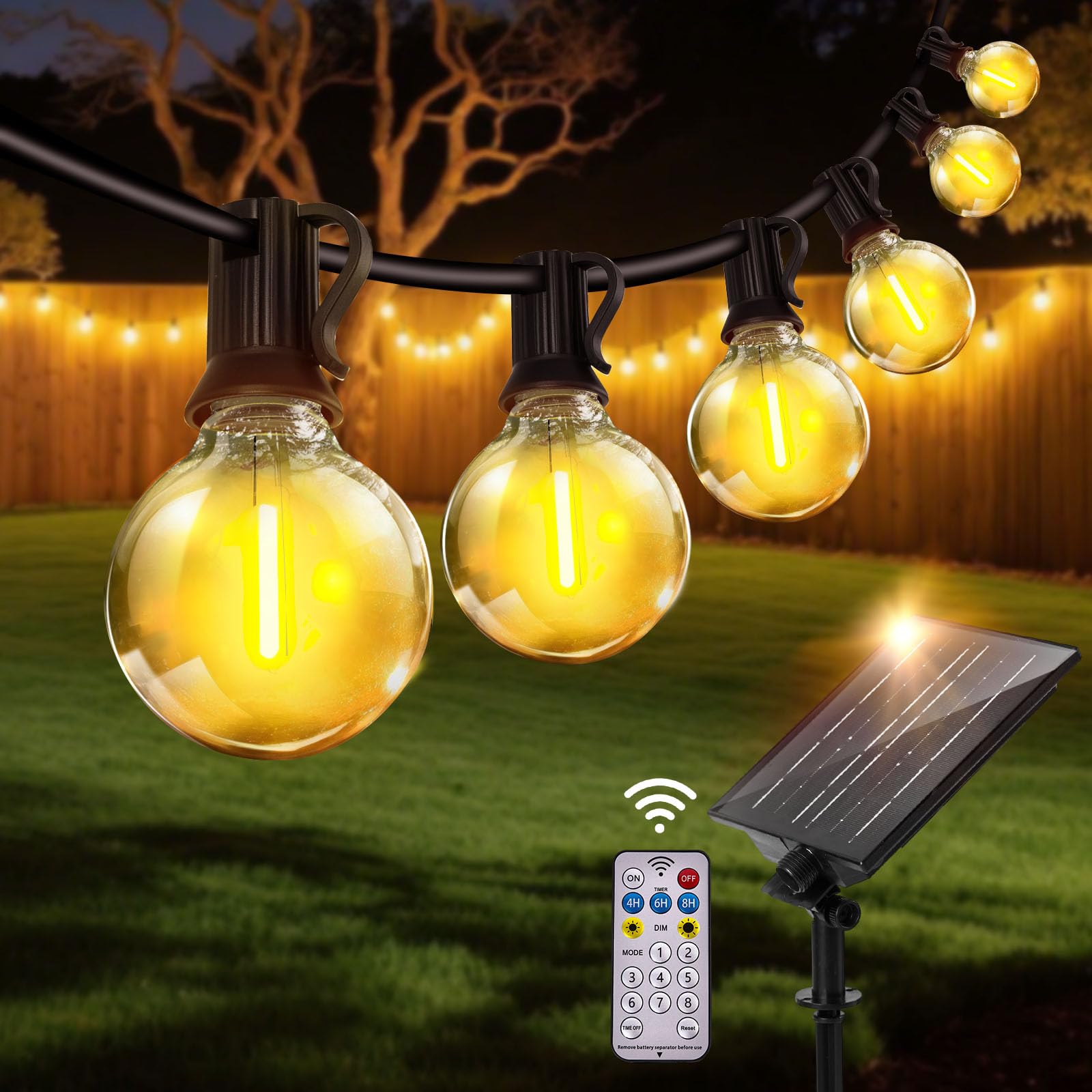 Stringa di luci solari da giardino all'aperto, 30 m, luci solari per esterni, con 50+2 lampadine LED infrangibili G40, luci impermeabili, 8 modalità a distanza, per pergola, gazebo, patio