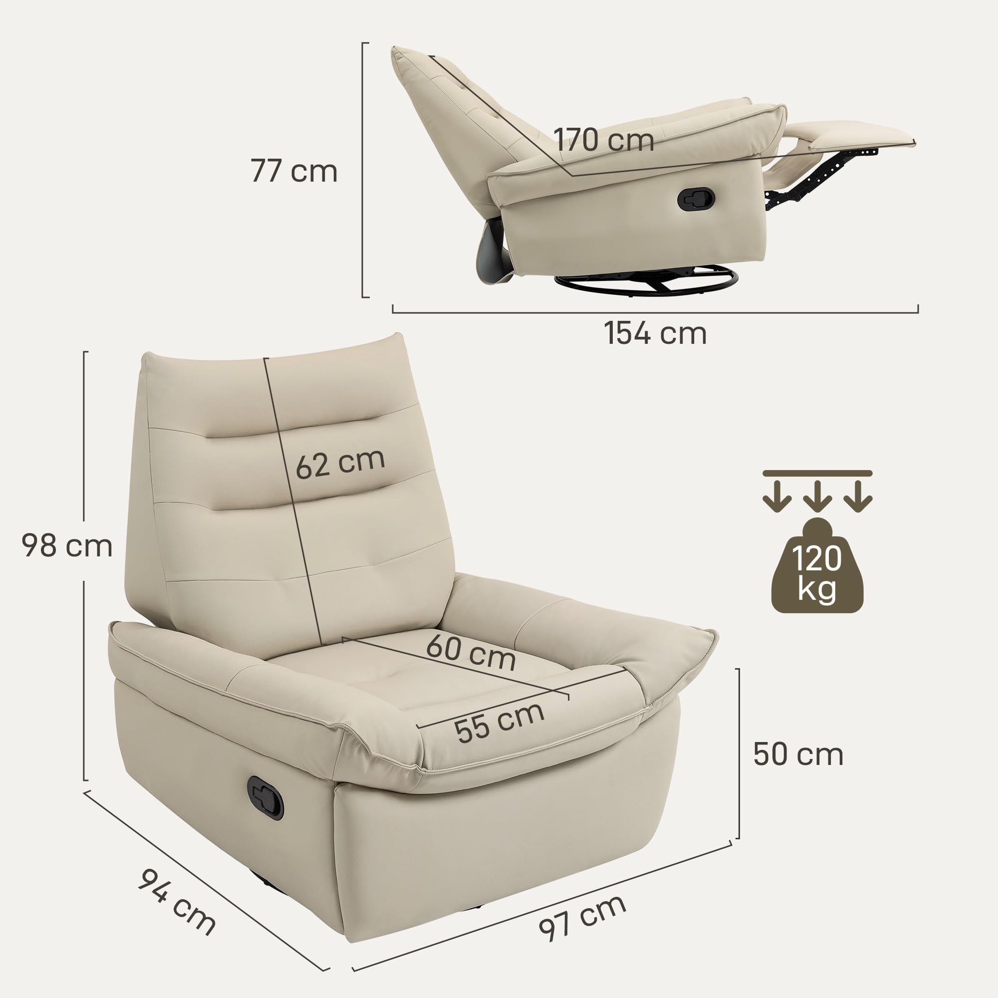 HOMCOM Sillón Relax Reclinable Manual 3 en 1 Giratorio Balancín Crema | Tapizado en PU, Reposapiés, Asiento Amplio, Acolchado Grueso, Butaca Reclinable Hasta 135º