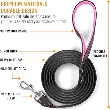 Active Pets Strong Dog Leash with Padded Handle, Durable Comfort Grip for Large & Medium Dogs, up to 6ft Adjustable Training Lead, 1 in x 4 ft, Pink
