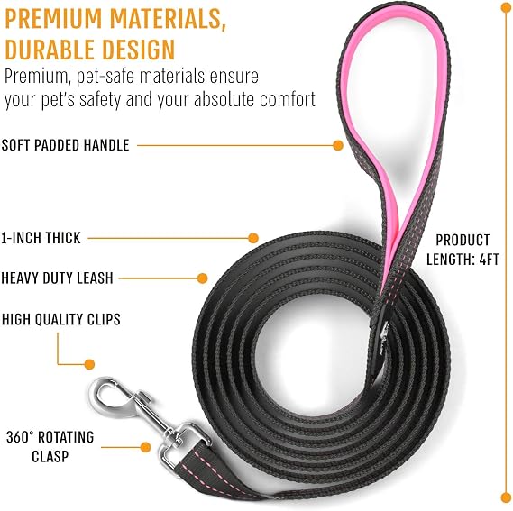 Active Pets Strong Dog Leash with Padded Handle, Durable Comfort Grip for Large & Medium Dogs, up to 6ft Adjustable Training Lead, 1 in x 4 ft, Pink