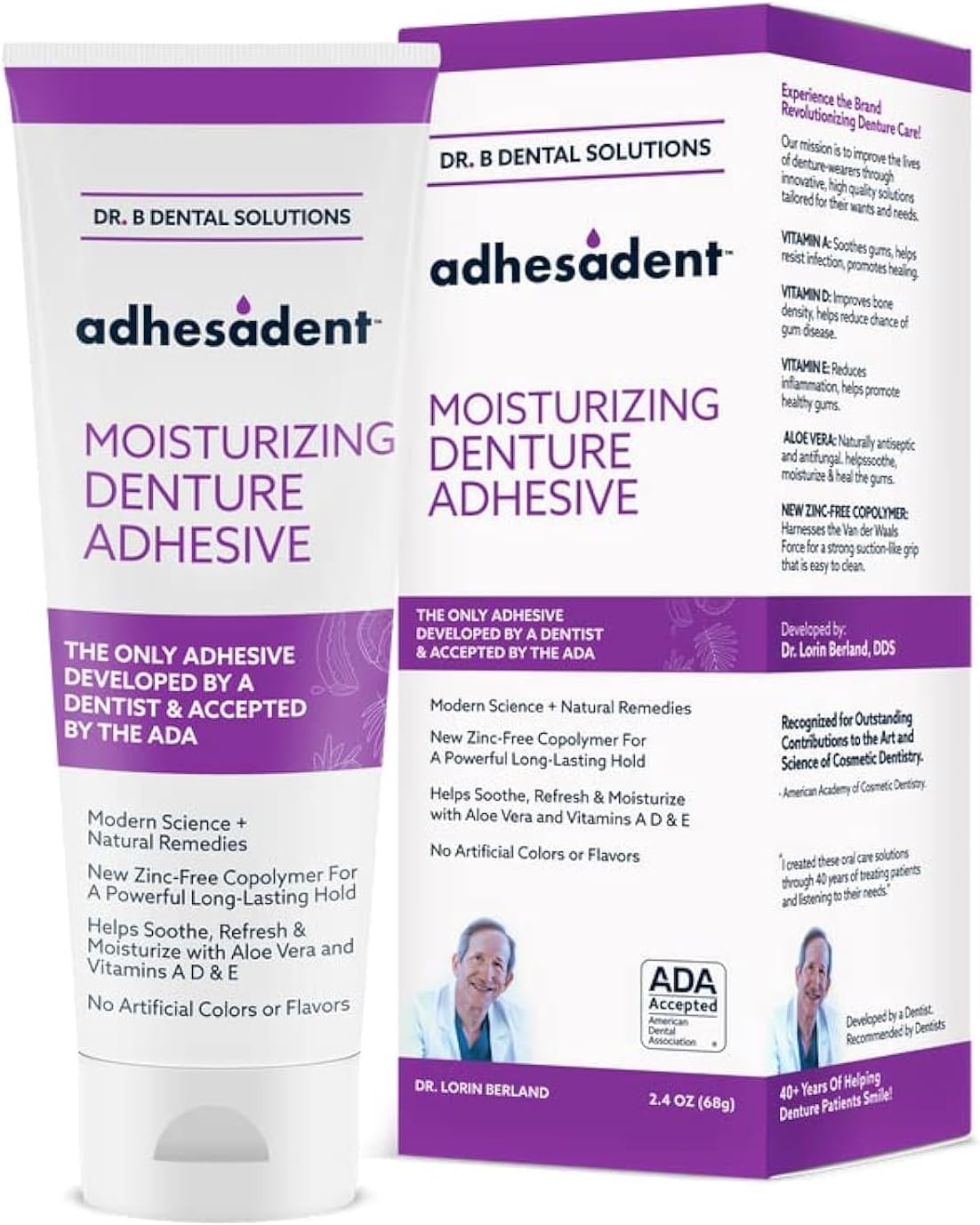 Adhesadent Moisturizing Denture Adhesive - Secure Denture Glue with Strong Grip & Natural Taste - Zinc-Free Dental Adhesive for Dentures, Overdentures - 2.4 oz (2 Pack)