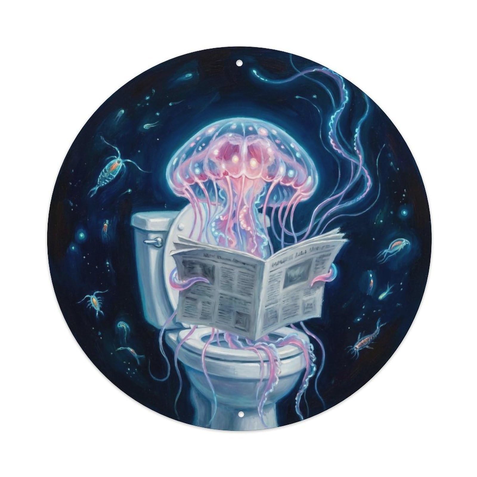 Jellyfish On Toilet Humorous Bathroom Deep Sea Glow Metal Tin Sign