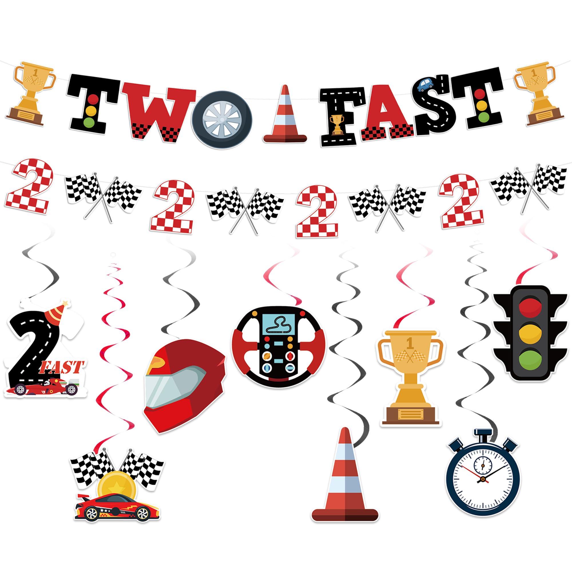 Racing Car 2nd Birthday Decorations, Red Two Fast Birthday Banner