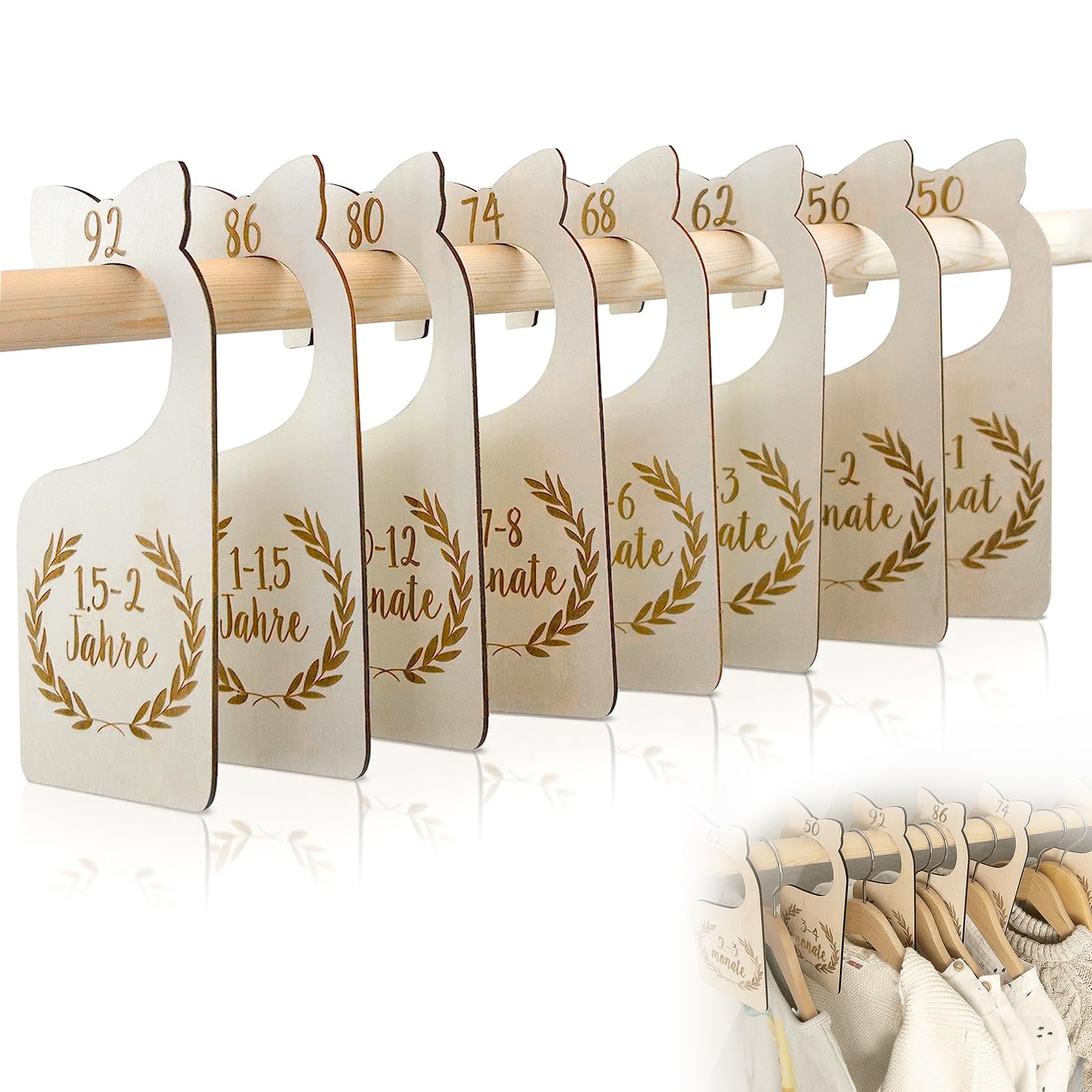 8 Stück Baby Größentrenner,Babykleidung Trenner Holz,Größenreiter 50-92,Babyschrank Trennwände für Babykleidung für Kleidungsklassifizierung (Hölzernes)