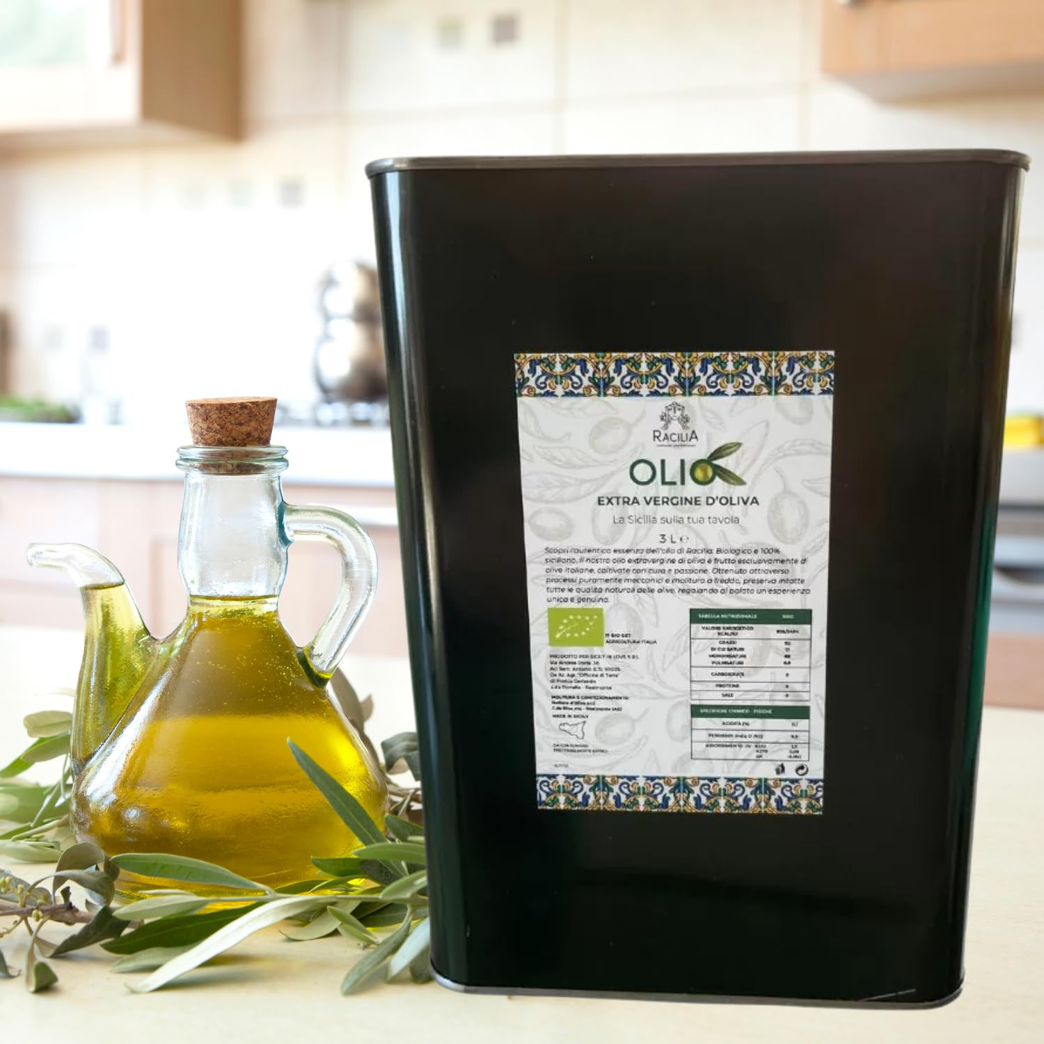 RACILIA Organiczna Oliwa z Oliwek 8 Litrów, Extra Virgin 100% Włoska 8L Puszka Evo Tłoczona Na Zimno z Sycylii, Ekstrahowana z Pierwszego Tłoczenia - Idealne Do Sałatek i Dań Kuchni Sródziemnomorskiej