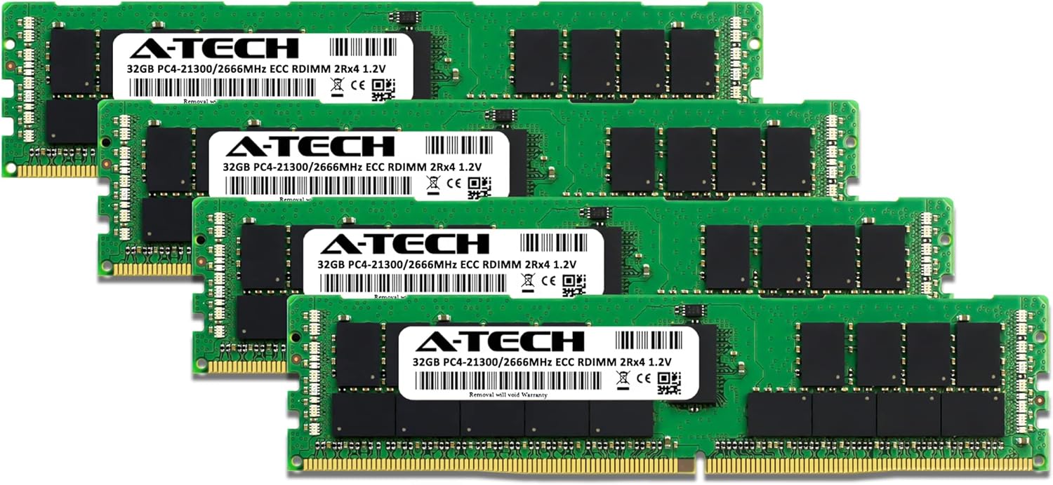 A-Tech 128GB Kit (4x32GB) Memory RAM for Dell PowerEdge R540 - DDR4 2666MHz PC4-21300 ECC Registered RDIMM 2Rx4 1.2V - Server