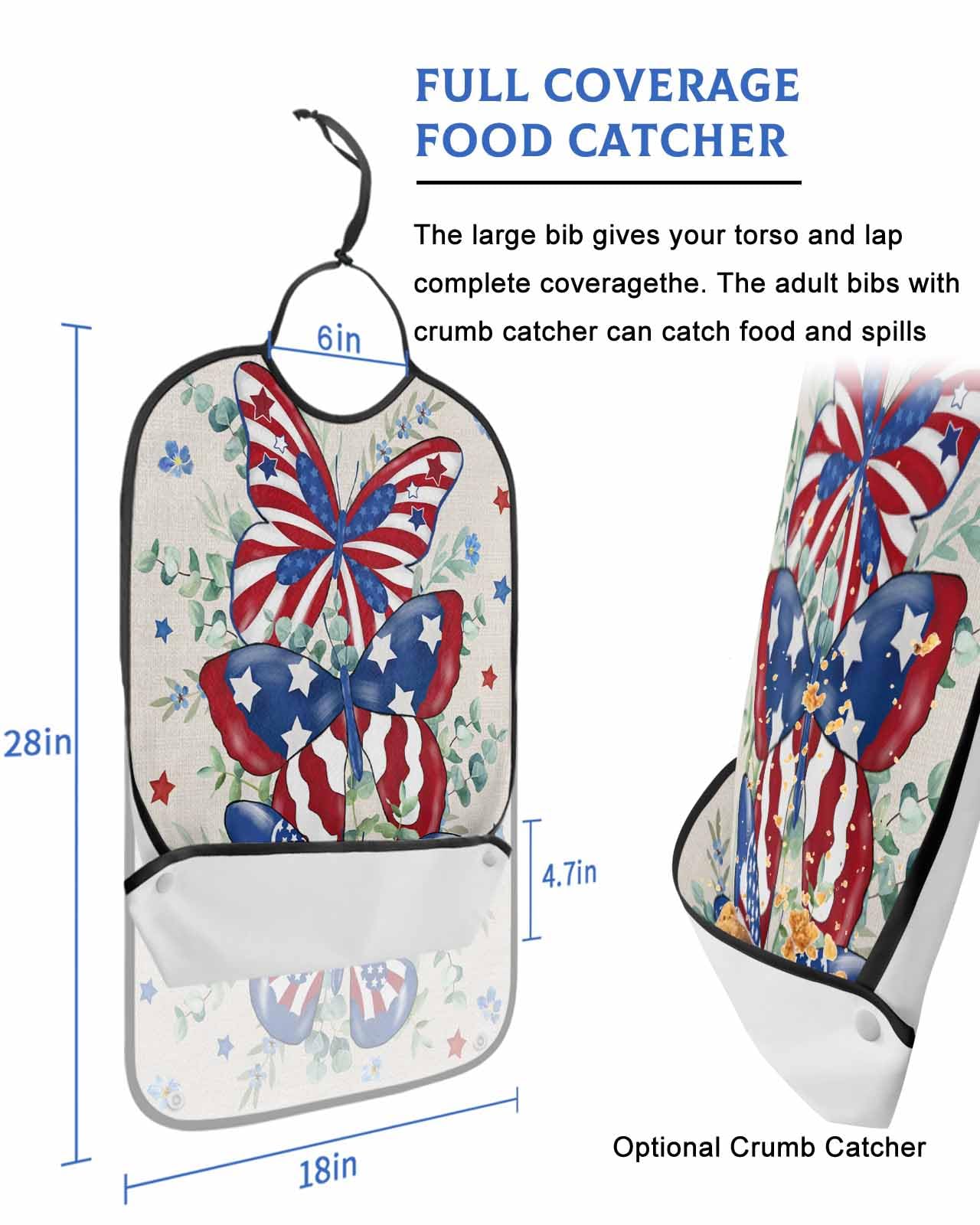 LEOKOTI 4th of July Butterfly Adult Bibs for Eating, Waterproof Bibs with Food Catcher & Adjustable Snap Closure, Blue Red Star Farmhouse Botanical Washable Clothing Protectors Adult Bibs for Elderly
