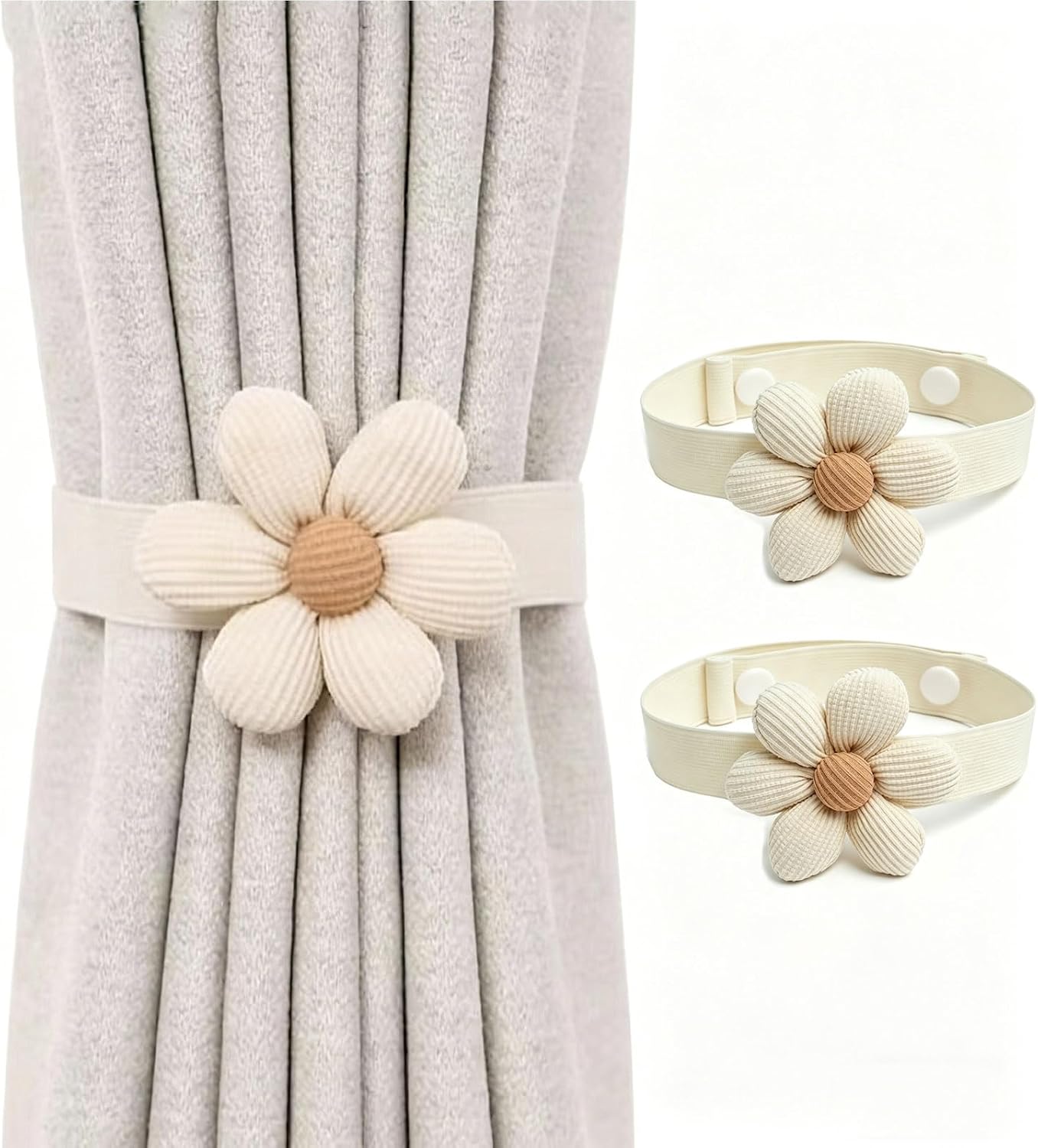 2Pcs Magnetic Curtain Tiebacks, Handmade Wooden Bead Tassel Curtain Tie Backs, Simple Tiebacks Wall Decoration for Bedroom Window Treatment, Beige