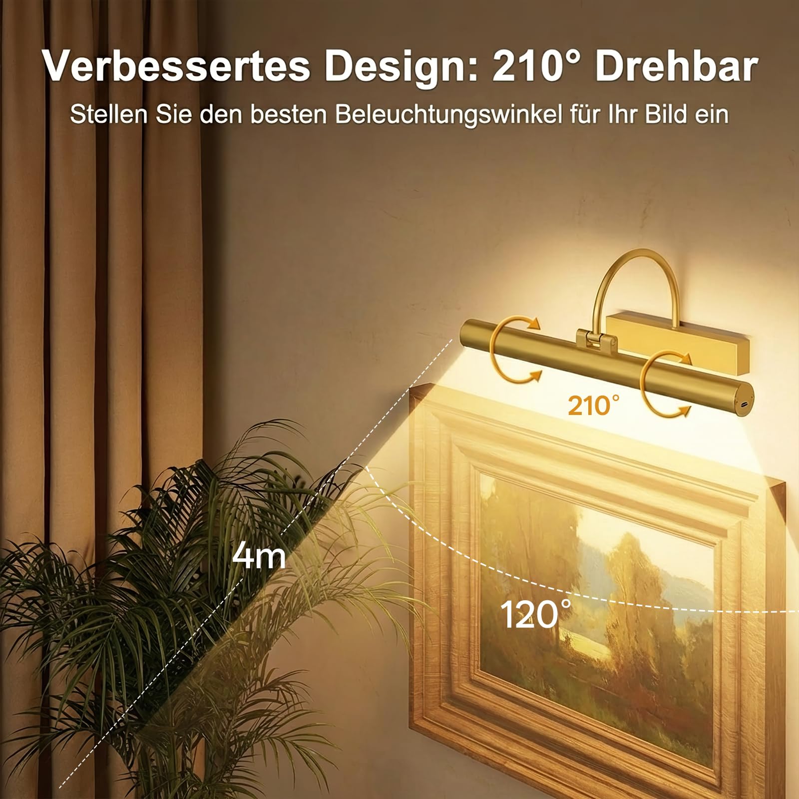Gresonic 2pc Bilderleuchte Kabellos Akku, 42cm Wiederaufladbar LED Bildlampe mit Fernbedienung Timer, 3 Farbtemperaturen Dimmbar, 210° Drehbar Bildbeleuchtung aus Acryl für Spiegel, 5200mAh Gold