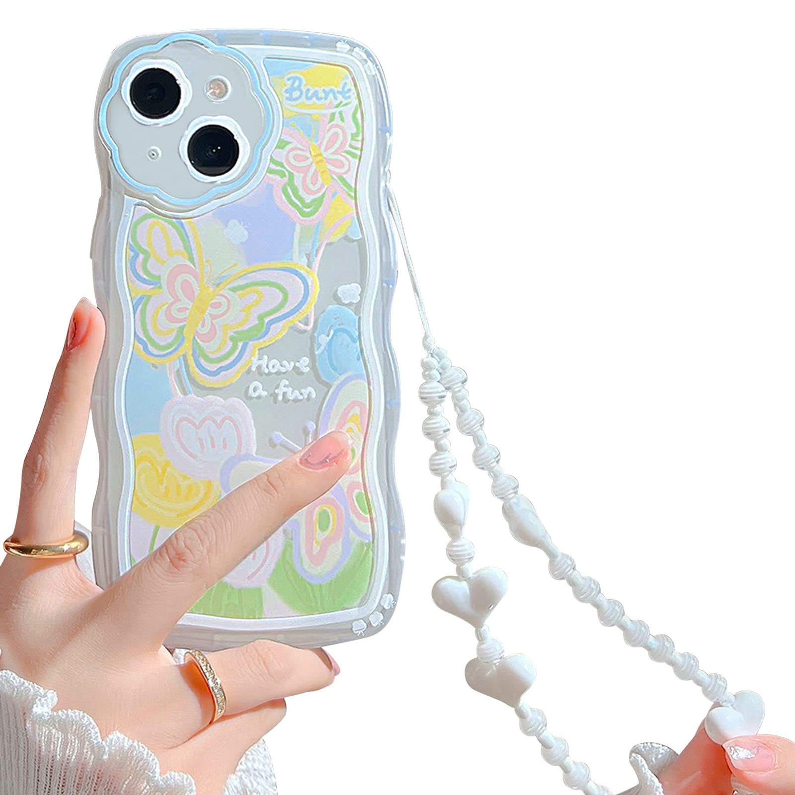 NITITOP Compatible for iPhone 14 Case, Cute Clear Cartoon Butterfly Flower with Heart Beaded Lanyard Wrist Strap for Women Girly, Soft TPU Full Protective Cover for iPhone 14- Butterfly